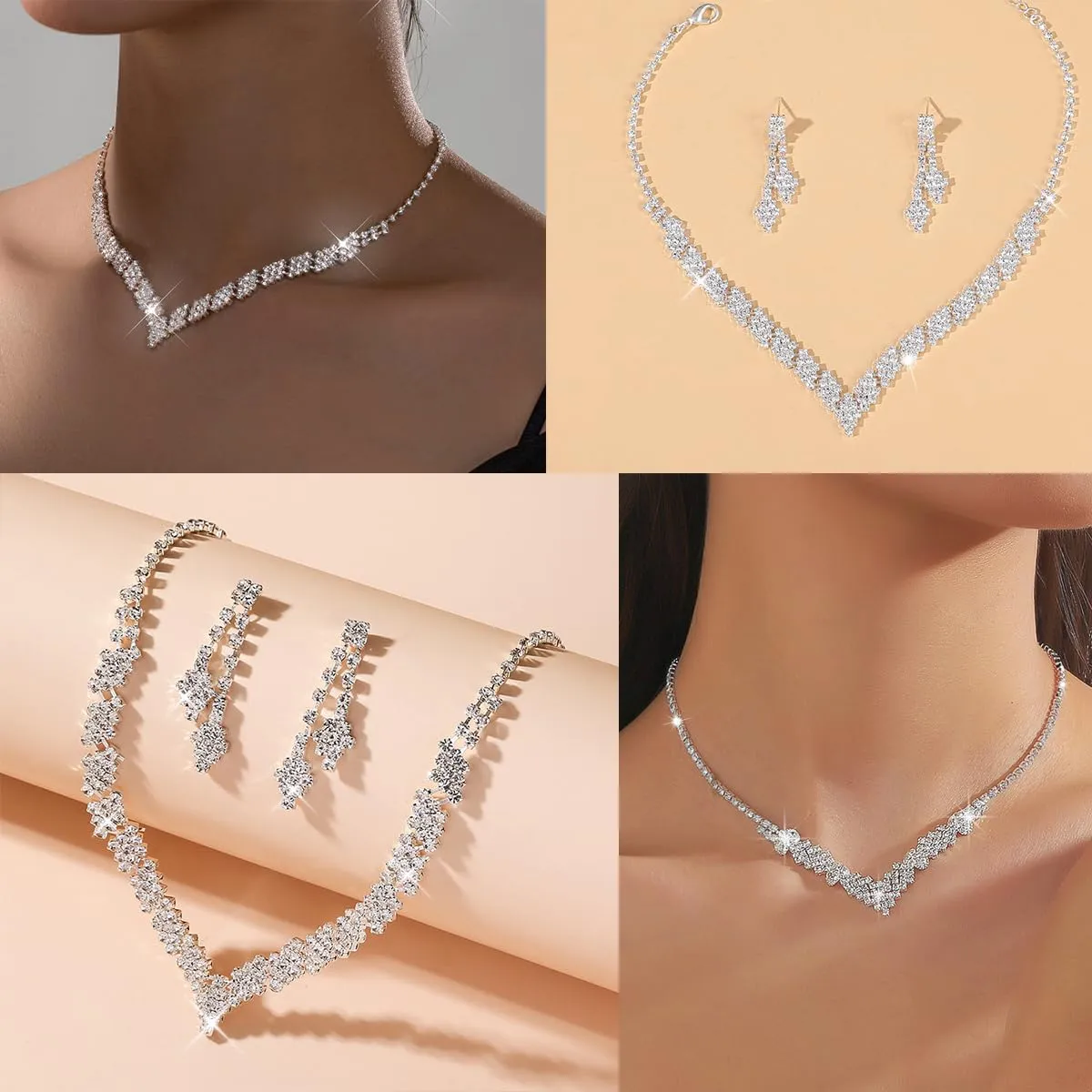 HUJUON Shiny Rhinestone Long Tassel Dangle Earrings Necklace Set Cubic Zirconia Drop Earrings Clavicle Necklace Wedding Bride Jewelry for Women