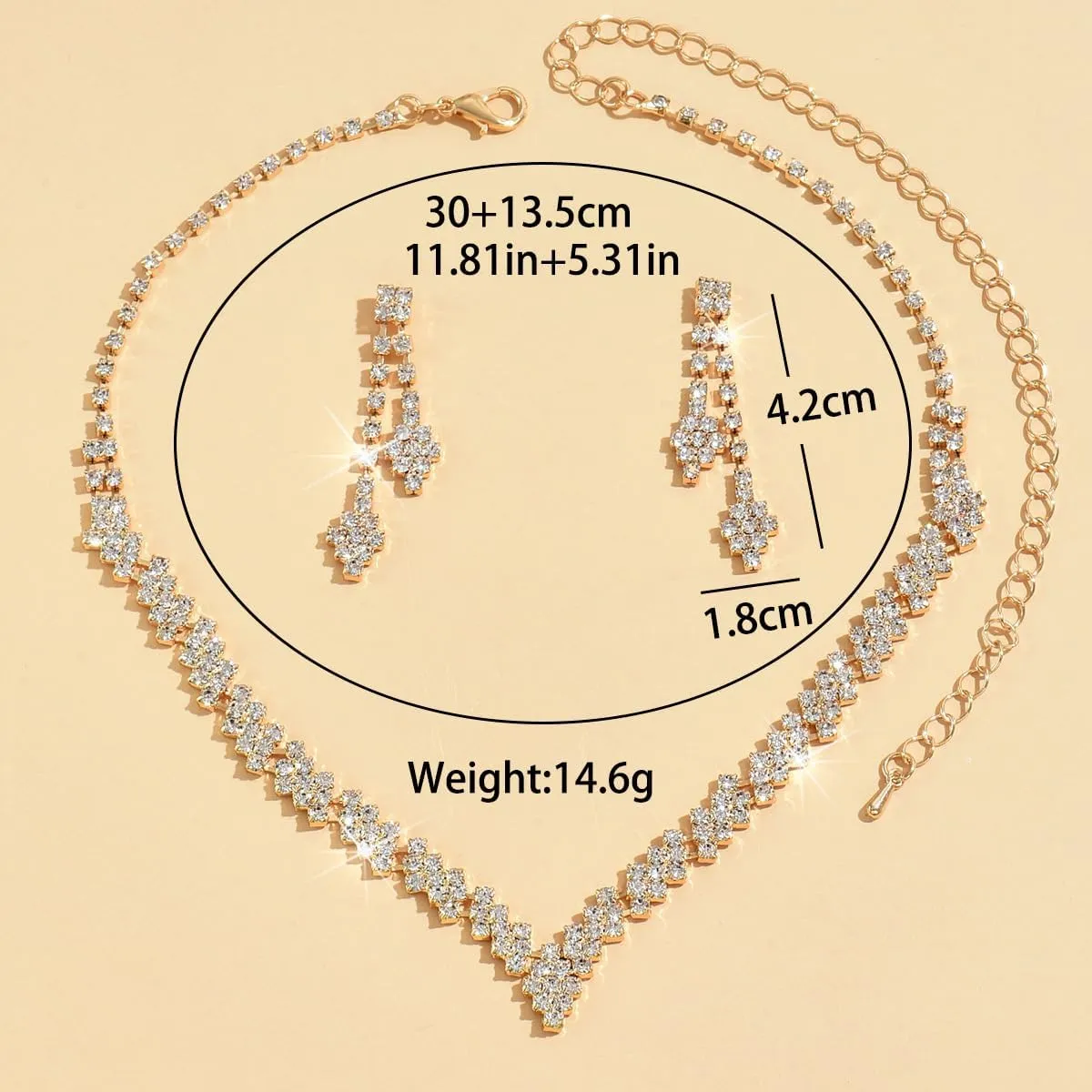 HUJUON Shiny Rhinestone Long Tassel Dangle Earrings Necklace Set Cubic Zirconia Drop Earrings Clavicle Necklace Wedding Bride Jewelry for Women
