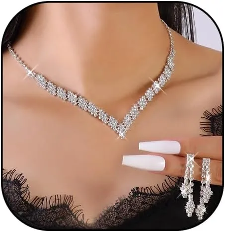 HUJUON Shiny Rhinestone Long Tassel Dangle Earrings Necklace Set Cubic Zirconia Drop Earrings Clavicle Necklace Wedding Bride Jewelry for Women
