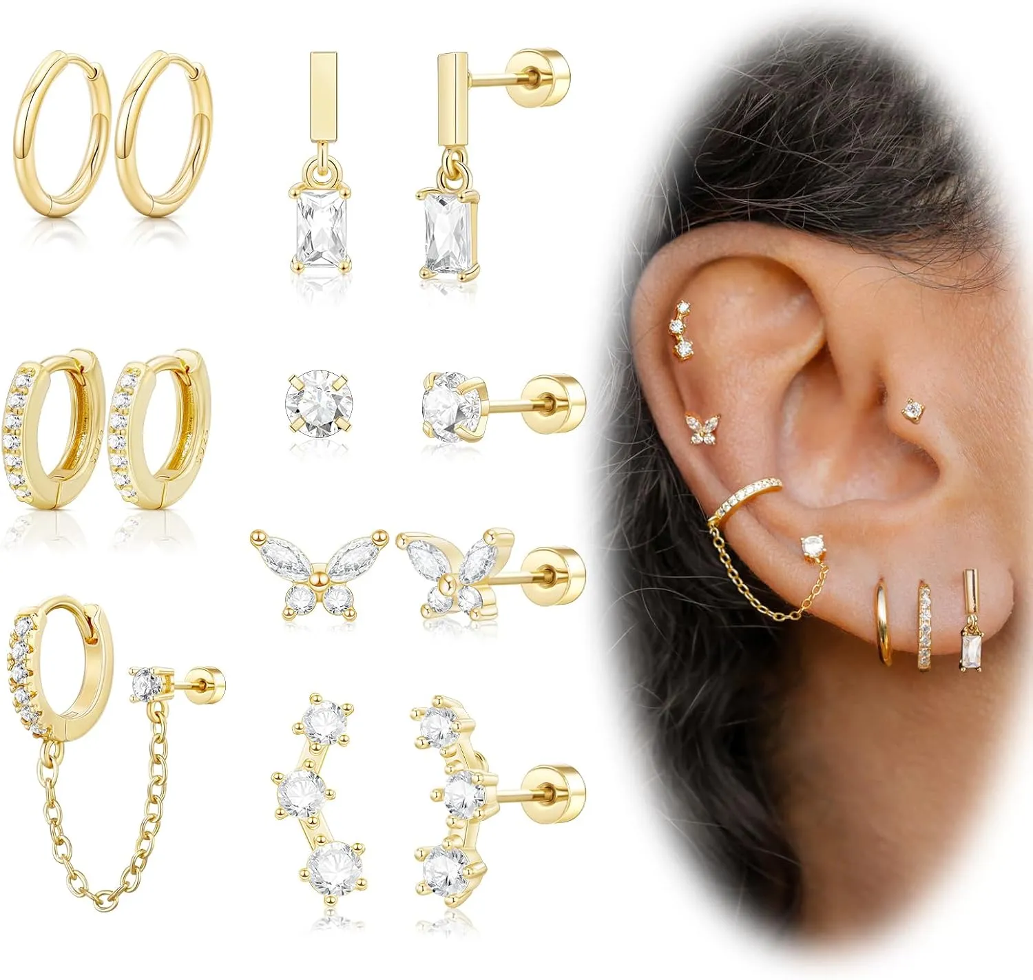 Hypoallergenic Flat Back Earrings, Cartilage Earrings for women Trendy Surgical Steel Earrings 14K Gold Small Stud Hoop Huggie Earrings Dangle Chain Earring Stacks Set for Multiple Piercing