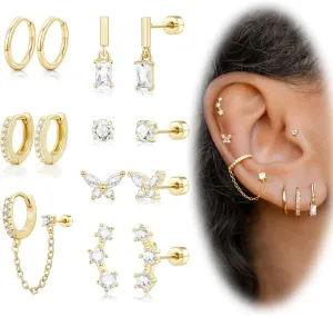 Hypoallergenic Flat Back Earrings, Cartilage Earrings for women Trendy Surgical Steel Earrings 14K Gold Small Stud Hoop Huggie Earrings Dangle Chain Earring Stacks Set for Multiple Piercing