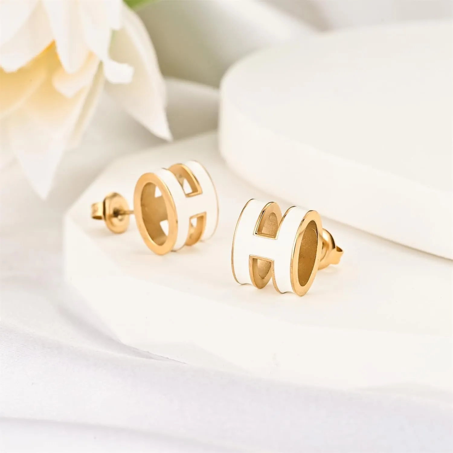 Hypoallergenic H Alphabet Enamel Stud Earrings, Stainless Steel 18K Gold Plated Geometric Design for Daily & Gifts (Red/White/Black)