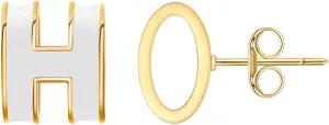 Hypoallergenic H Alphabet Enamel Stud Earrings, Stainless Steel 18K Gold Plated Geometric Design for Daily & Gifts (Red/White/Black)