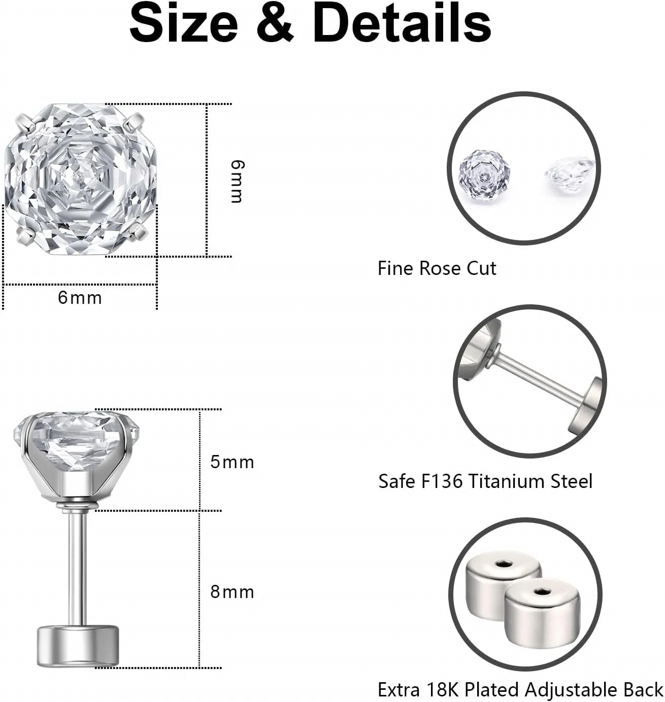 Hypoallergenic Surgical Steel Zircon Flat Back Screw Stud Earrings