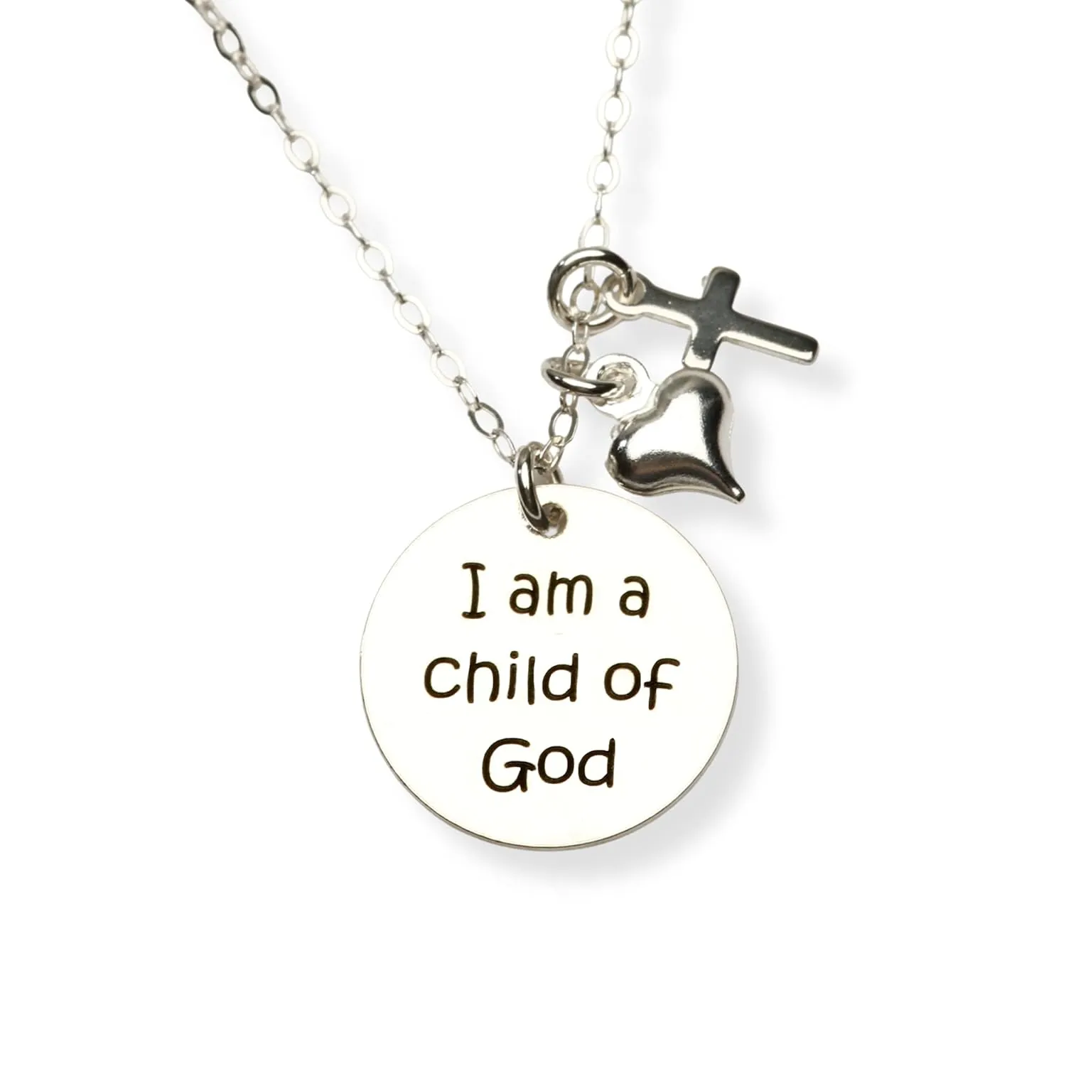 I am a Child of God Necklace with puffy heart and cross charms, Girl Baptism, First Communion, Christening, Confirmation, Christian, Easter, Gift, Silver Silver (CG854N).