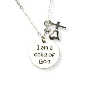 I am a Child of God Necklace with puffy heart and cross charms, Girl Baptism, First Communion, Christening, Confirmation, Christian, Easter, Gift, Silver Silver (CG854N).