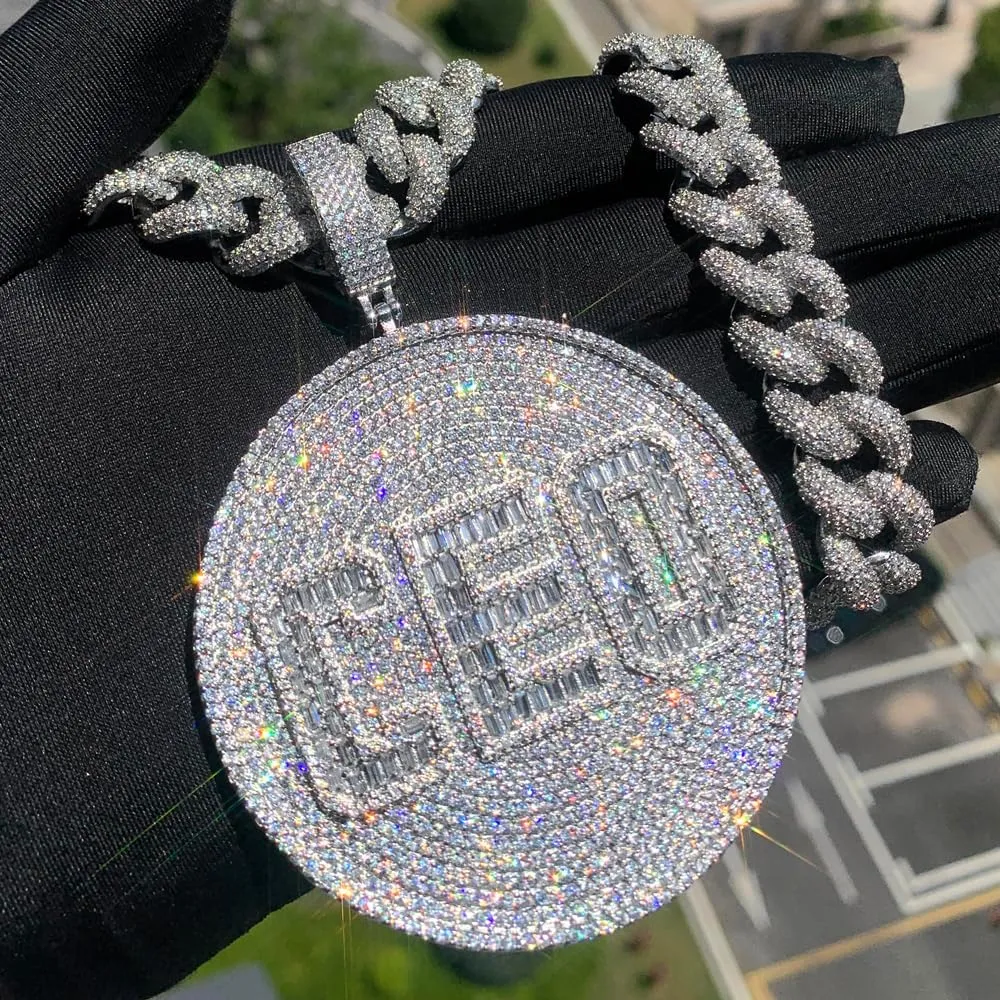 Iced Out Bling Hip Hop Men Rock Punk Jewelry Micro Paved 5A CZ Big Round Shaped Letter CEO Pendant Necklace