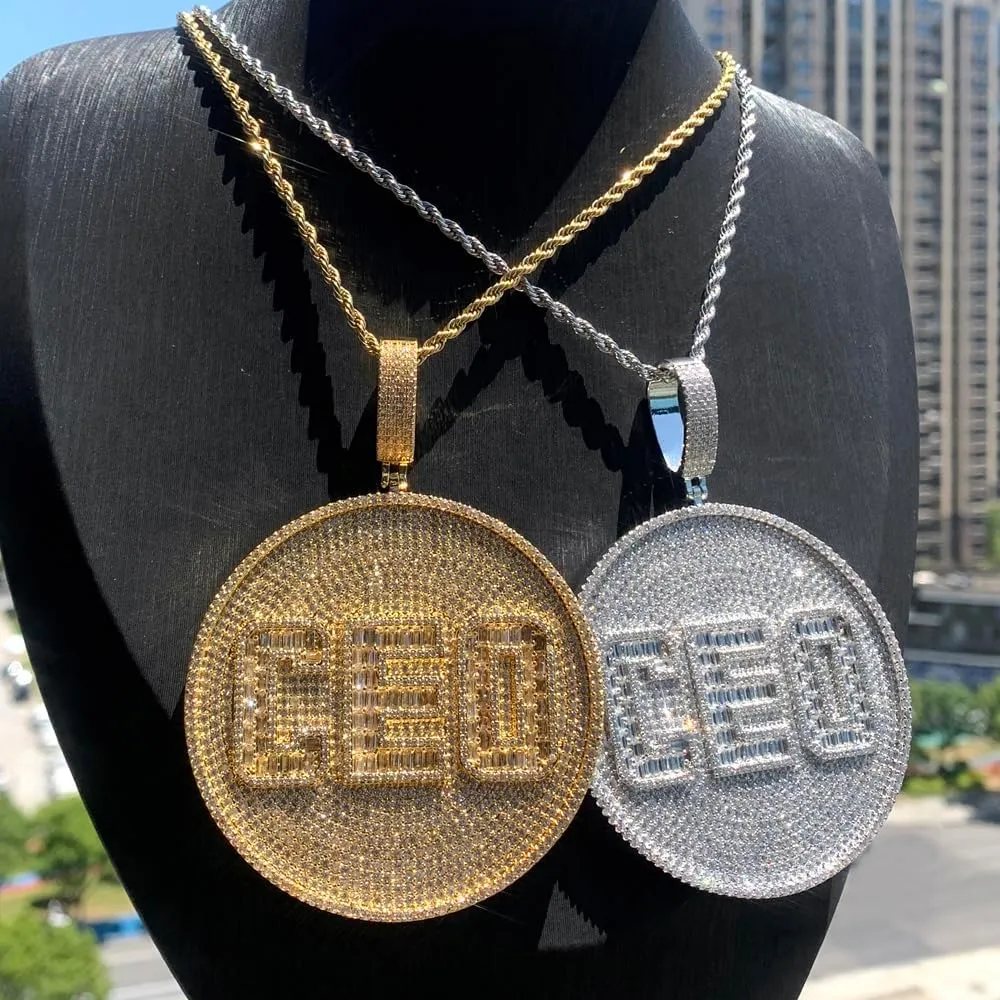 Iced Out Bling Hip Hop Men Rock Punk Jewelry Micro Paved 5A CZ Big Round Shaped Letter CEO Pendant Necklace