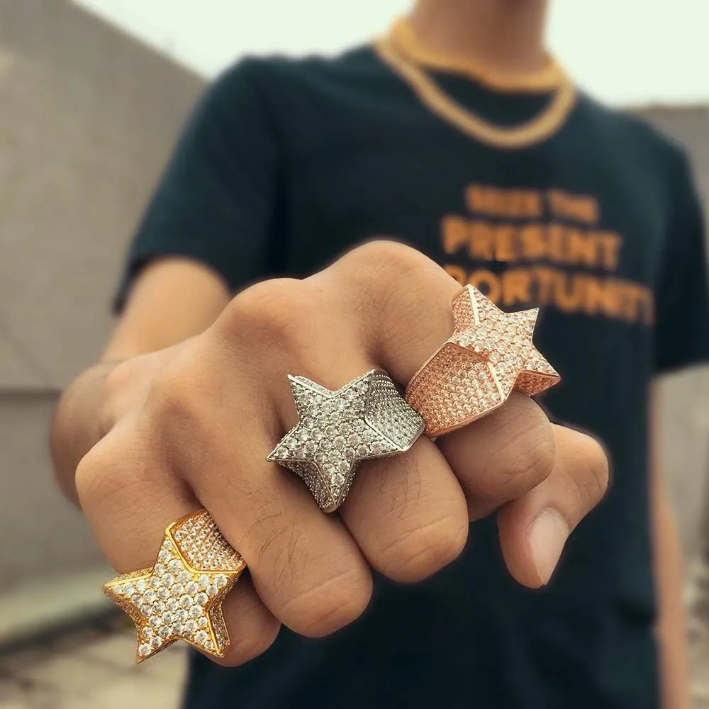 Iced Out Star Pinky Ring-18K Golden or White Golden Plated Hip Hop 5A  Simulated Diamond Ring for Men Women-Size 7,8,9,10