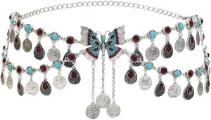 idealway Summer Beach Carved Flower Tribal Gypsy Silver Coin Tassel Waist Chain Beads Natural Turquoise Belly Body Chain