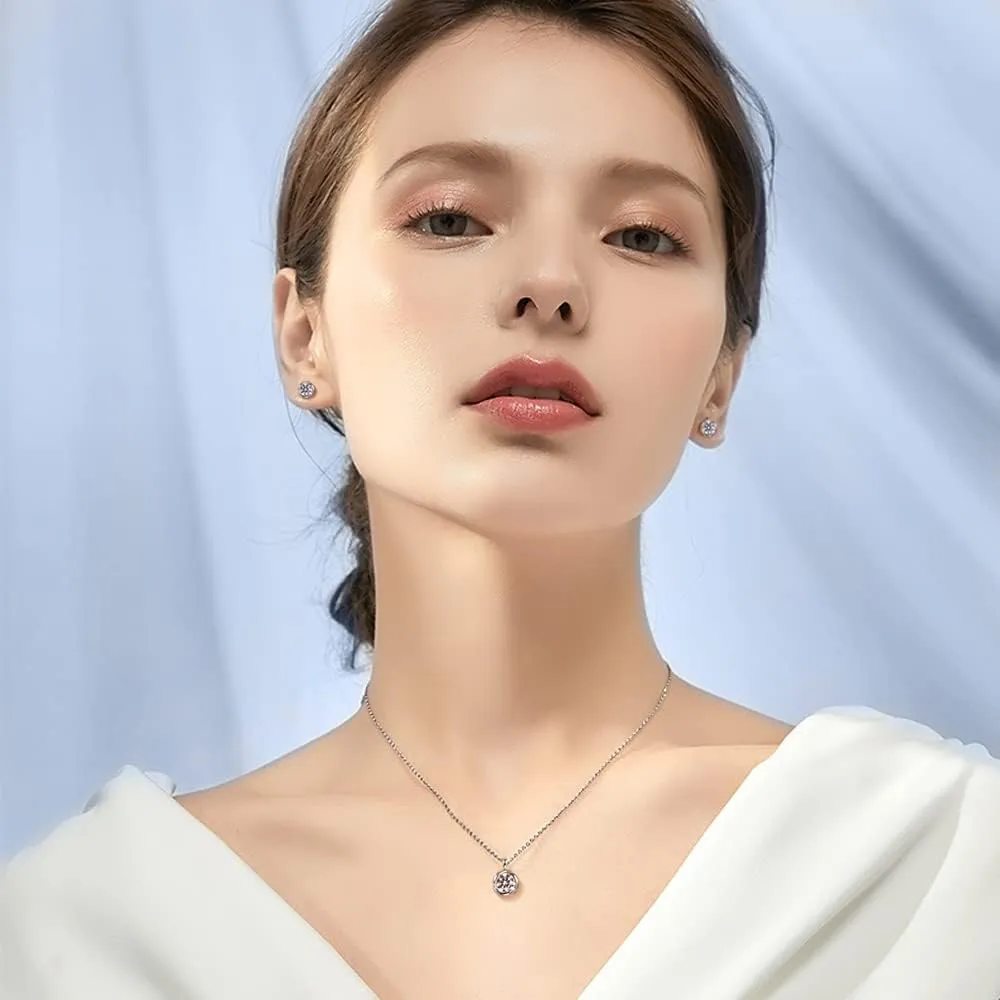 immobird Rose Necklace Jewelry Set in 925 Sterling Silver Birthstone Necklace and Earring Sets for Women Solitaire Necklace with Round Gemstone Gift for Her
