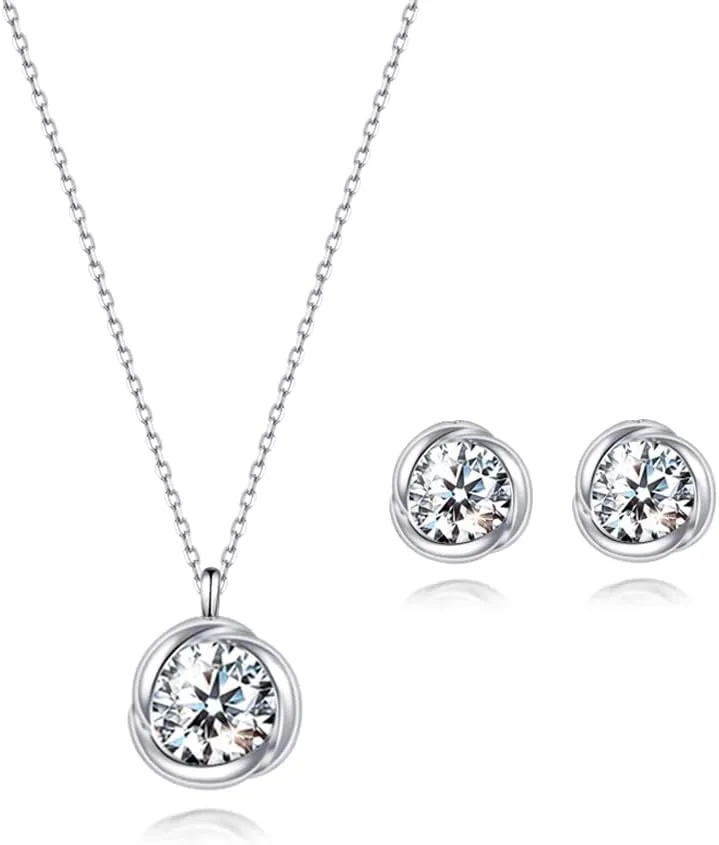 immobird Rose Necklace Jewelry Set in 925 Sterling Silver Birthstone Necklace and Earring Sets for Women Solitaire Necklace with Round Gemstone Gift for Her