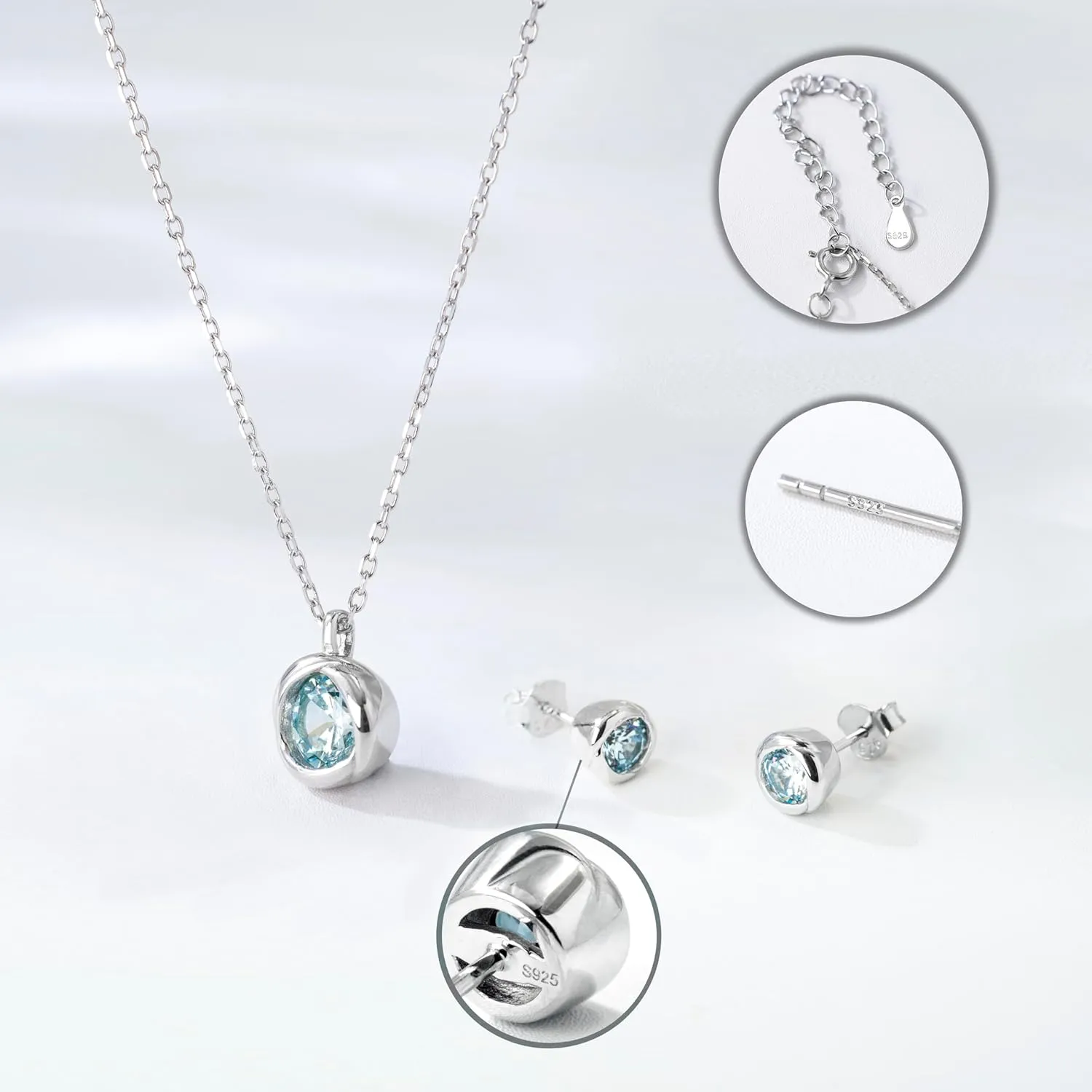 immobird Rose Necklace Jewelry Set in 925 Sterling Silver Birthstone Necklace and Earring Sets for Women Solitaire Necklace with Round Gemstone Gift for Her
