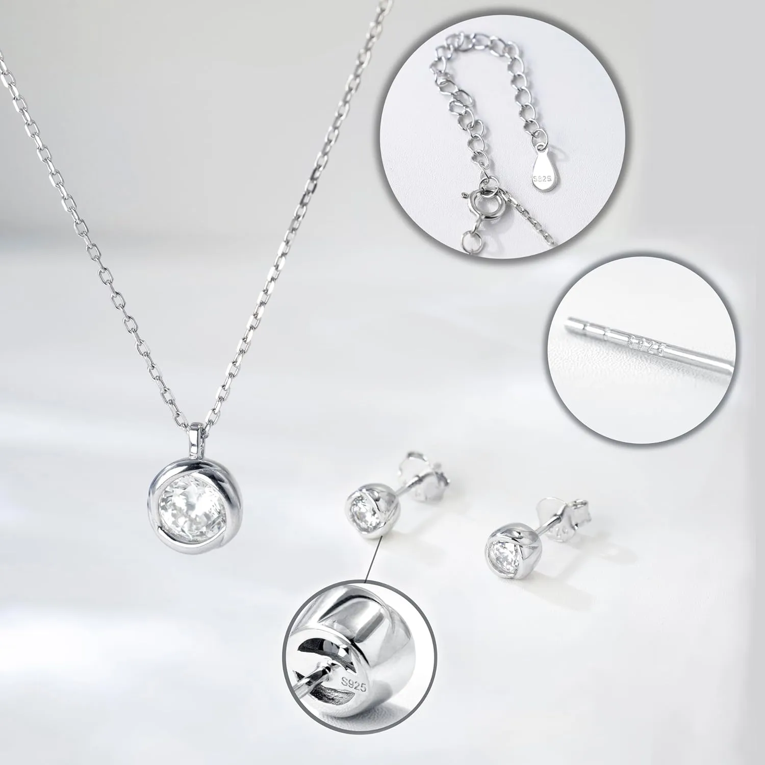 immobird Rose Necklace Jewelry Set in 925 Sterling Silver Birthstone Necklace and Earring Sets for Women Solitaire Necklace with Round Gemstone Gift for Her