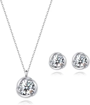 immobird Rose Necklace Jewelry Set in 925 Sterling Silver Birthstone Necklace and Earring Sets for Women Solitaire Necklace with Round Gemstone Gift for Her