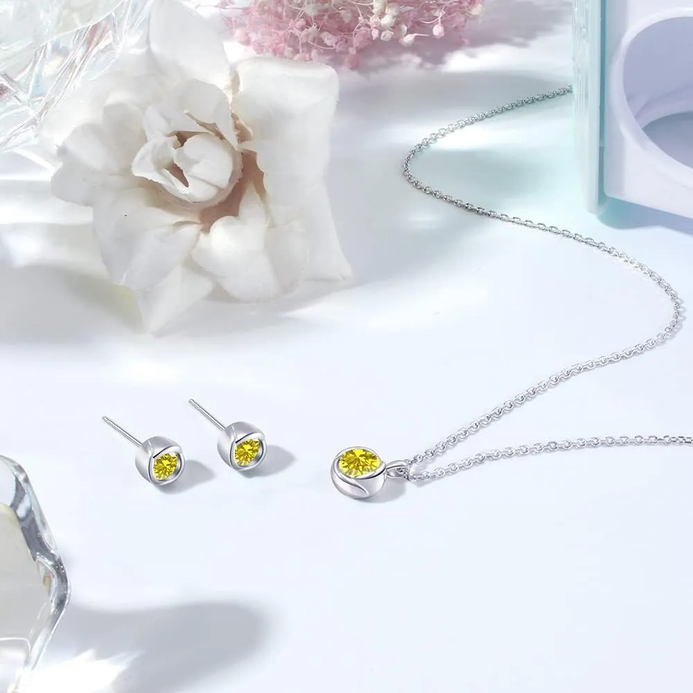 immobird Rose Necklace Jewelry Set in 925 Sterling Silver Birthstone Necklace and Earring Sets for Women Solitaire Necklace with Round Gemstone Gift for Her