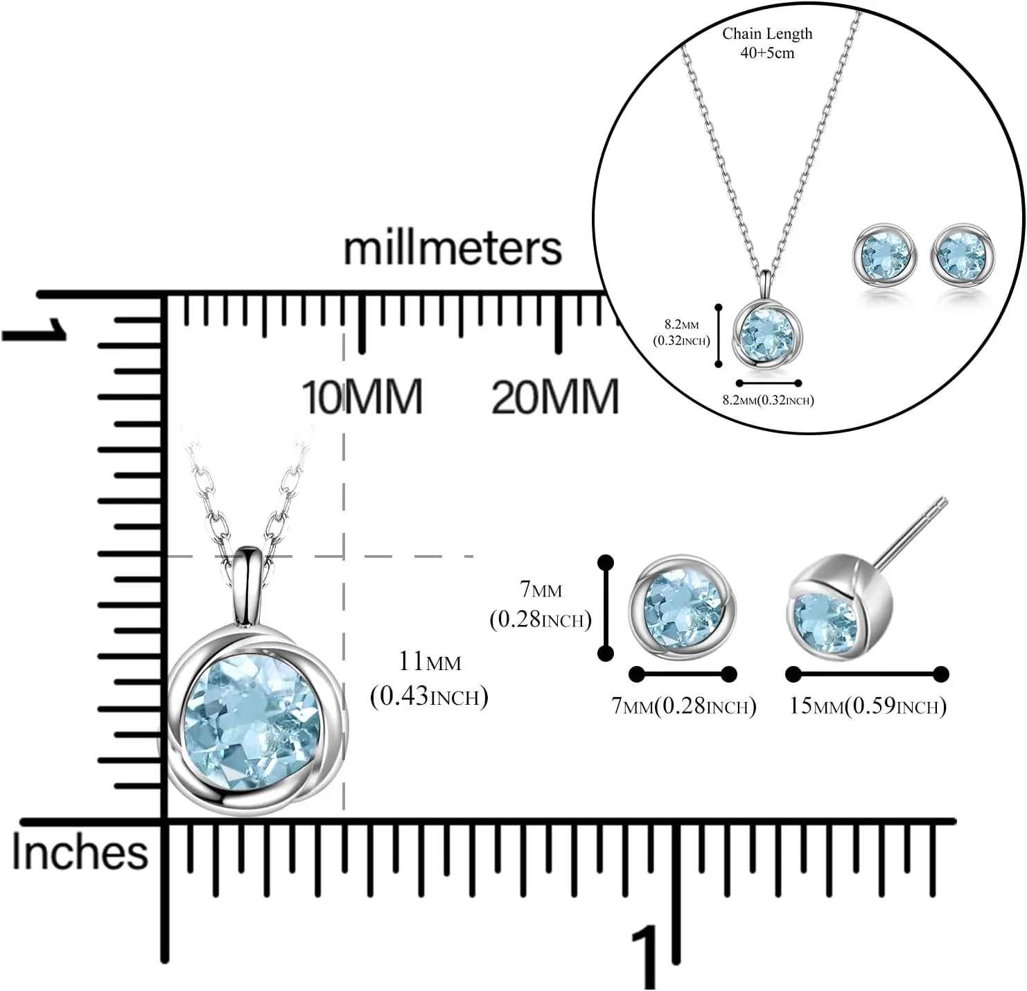 immobird Rose Necklace Jewelry Set in 925 Sterling Silver Birthstone Necklace and Earring Sets for Women Solitaire Necklace with Round Gemstone Gift for Her