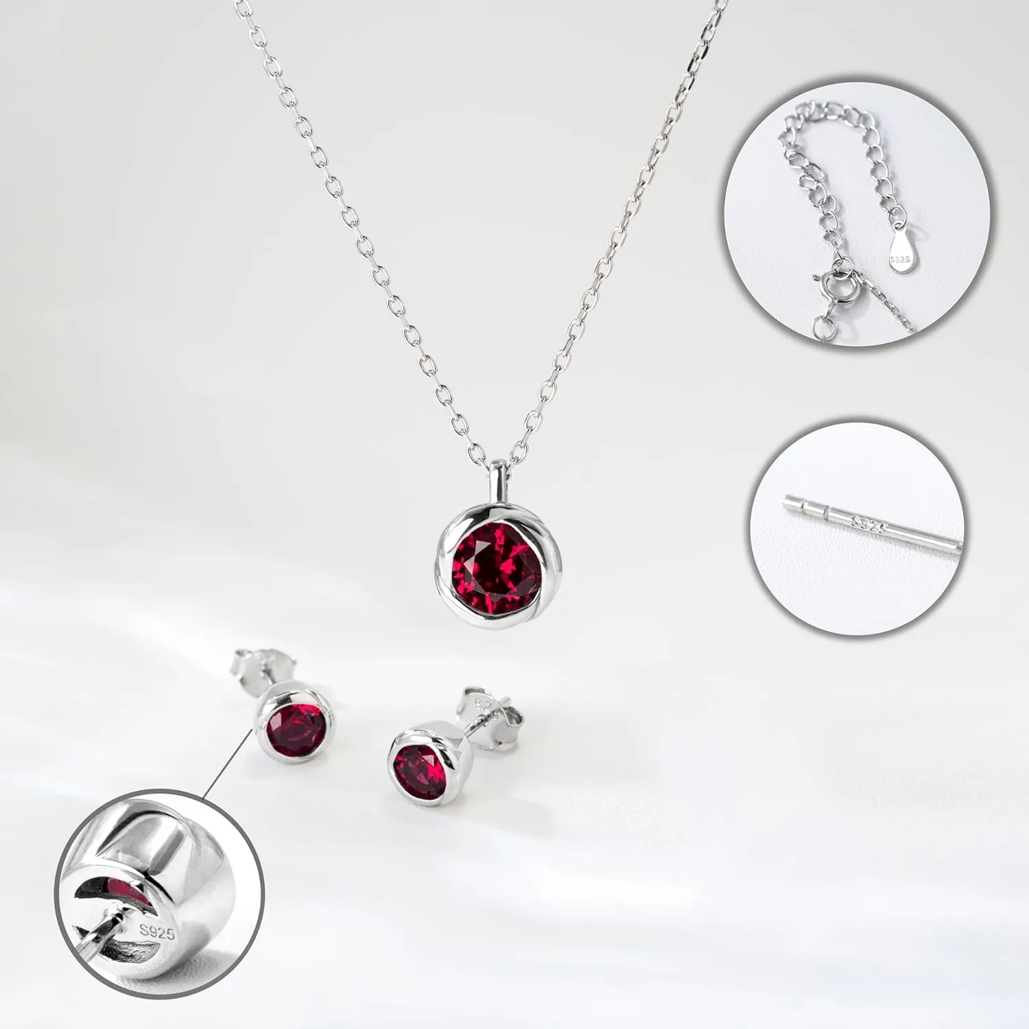 immobird Rose Necklace Jewelry Set in 925 Sterling Silver Birthstone Necklace and Earring Sets for Women Solitaire Necklace with Round Gemstone Gift for Her