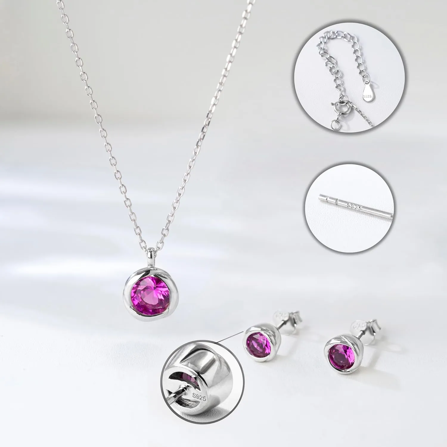 immobird Rose Necklace Jewelry Set in 925 Sterling Silver Birthstone Necklace and Earring Sets for Women Solitaire Necklace with Round Gemstone Gift for Her