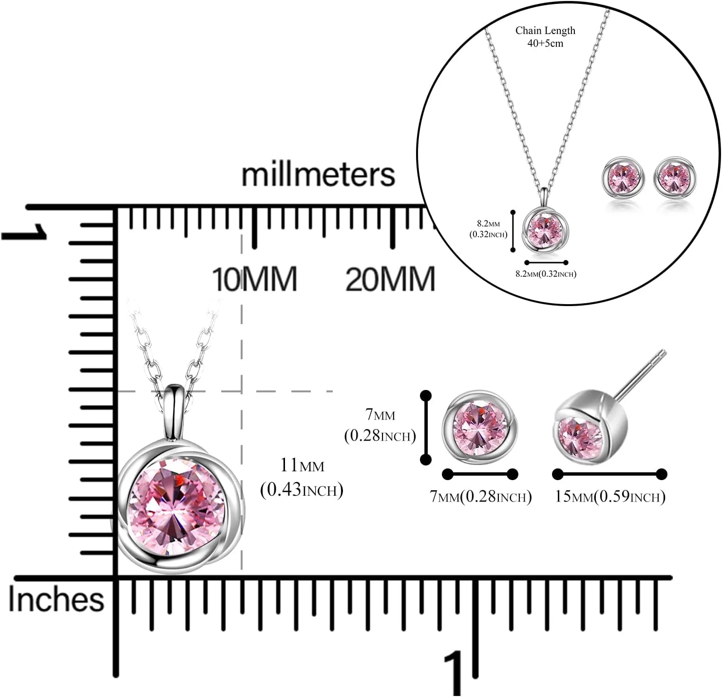 immobird Rose Necklace Jewelry Set in 925 Sterling Silver Birthstone Necklace and Earring Sets for Women Solitaire Necklace with Round Gemstone Gift for Her