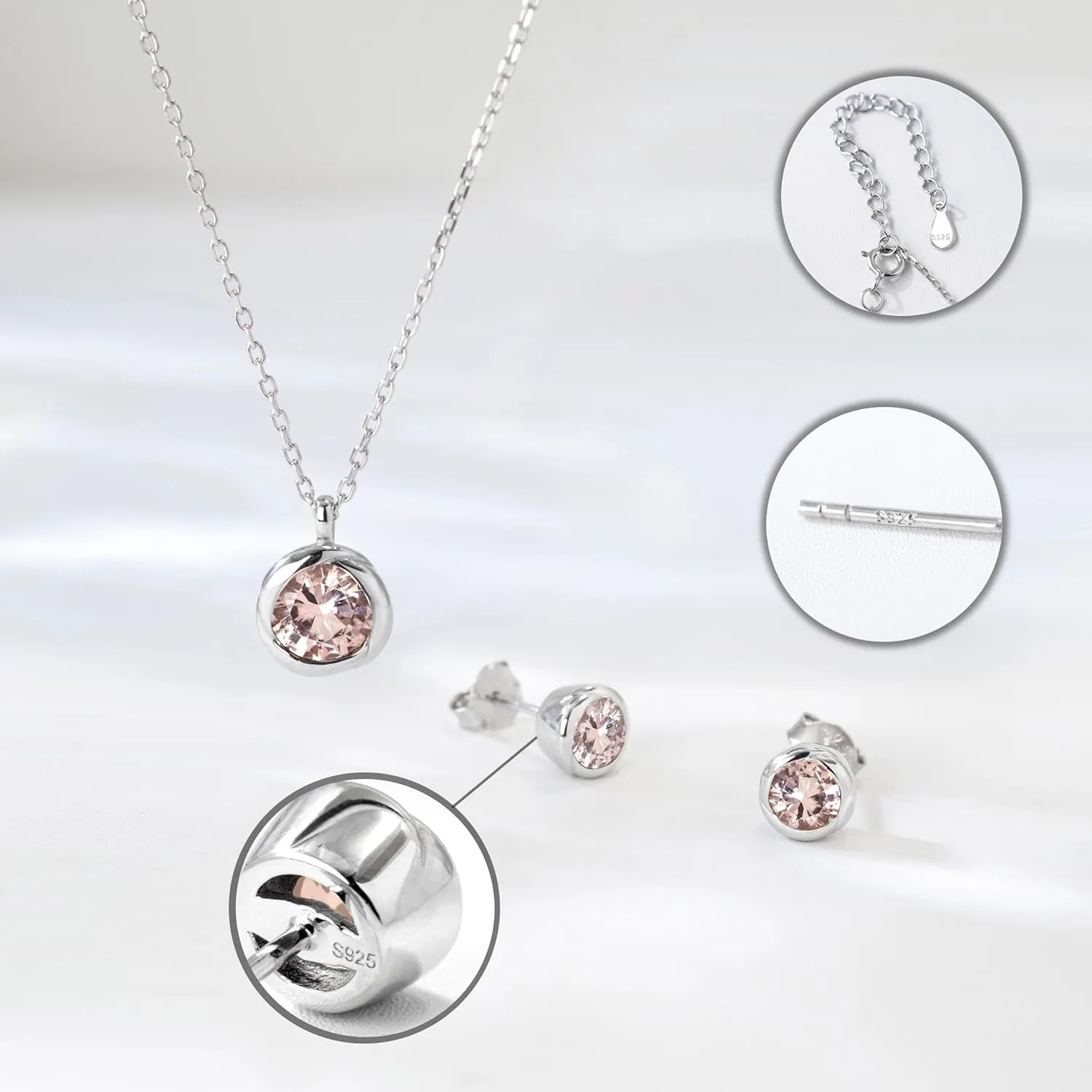 immobird Rose Necklace Jewelry Set in 925 Sterling Silver Birthstone Necklace and Earring Sets for Women Solitaire Necklace with Round Gemstone Gift for Her