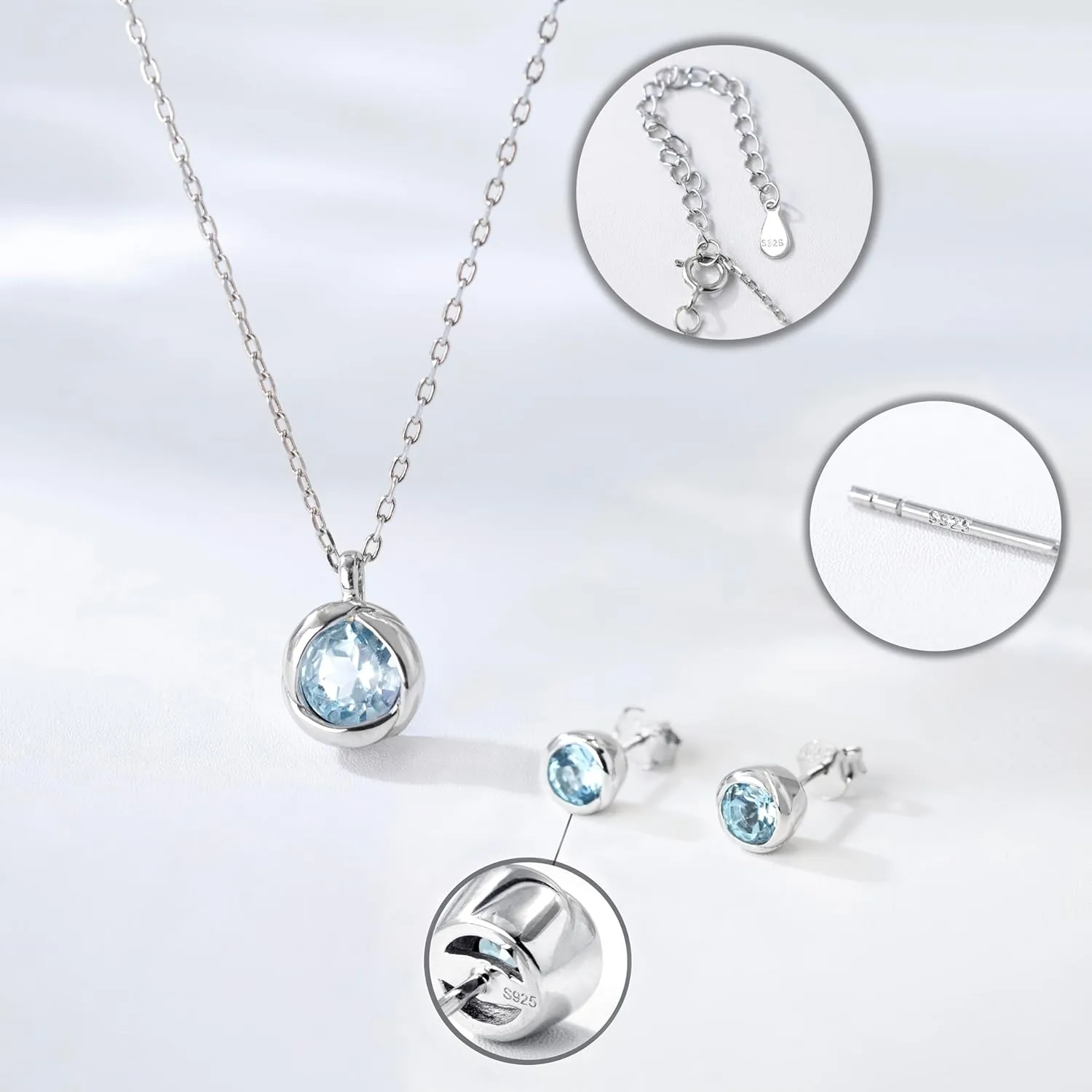immobird Rose Necklace Jewelry Set in 925 Sterling Silver Birthstone Necklace and Earring Sets for Women Solitaire Necklace with Round Gemstone Gift for Her