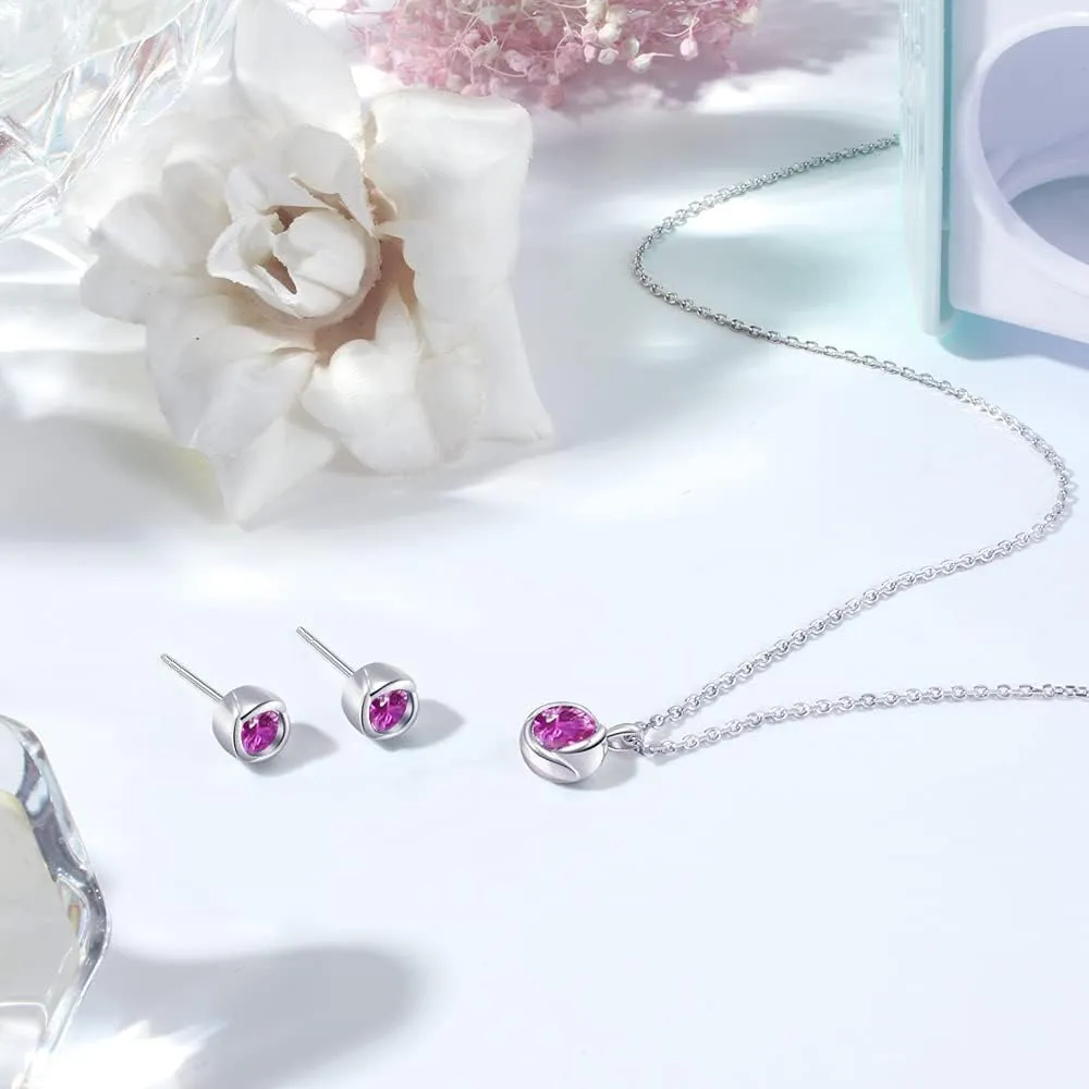 immobird Rose Necklace Jewelry Set in 925 Sterling Silver Birthstone Necklace and Earring Sets for Women Solitaire Necklace with Round Gemstone Gift for Her