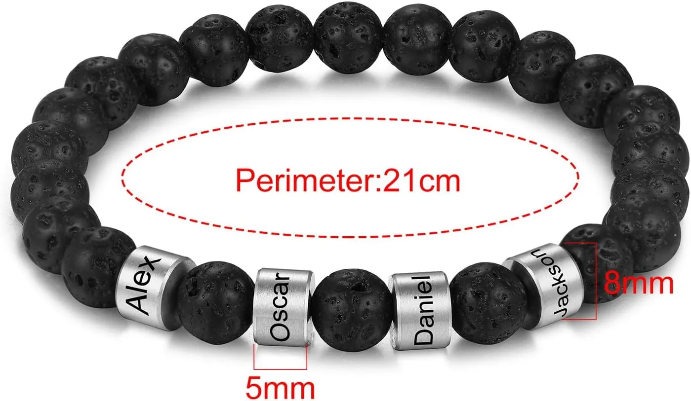 INBLUE Personalized Engrave Name Beads Bracelets for Men Custom 2-4 Names Beads for Boyfriend Dad Family Tiger Eye Stone Lava Stone Bracelet Jewelry Gifts for Birthday Father's Day Christmas