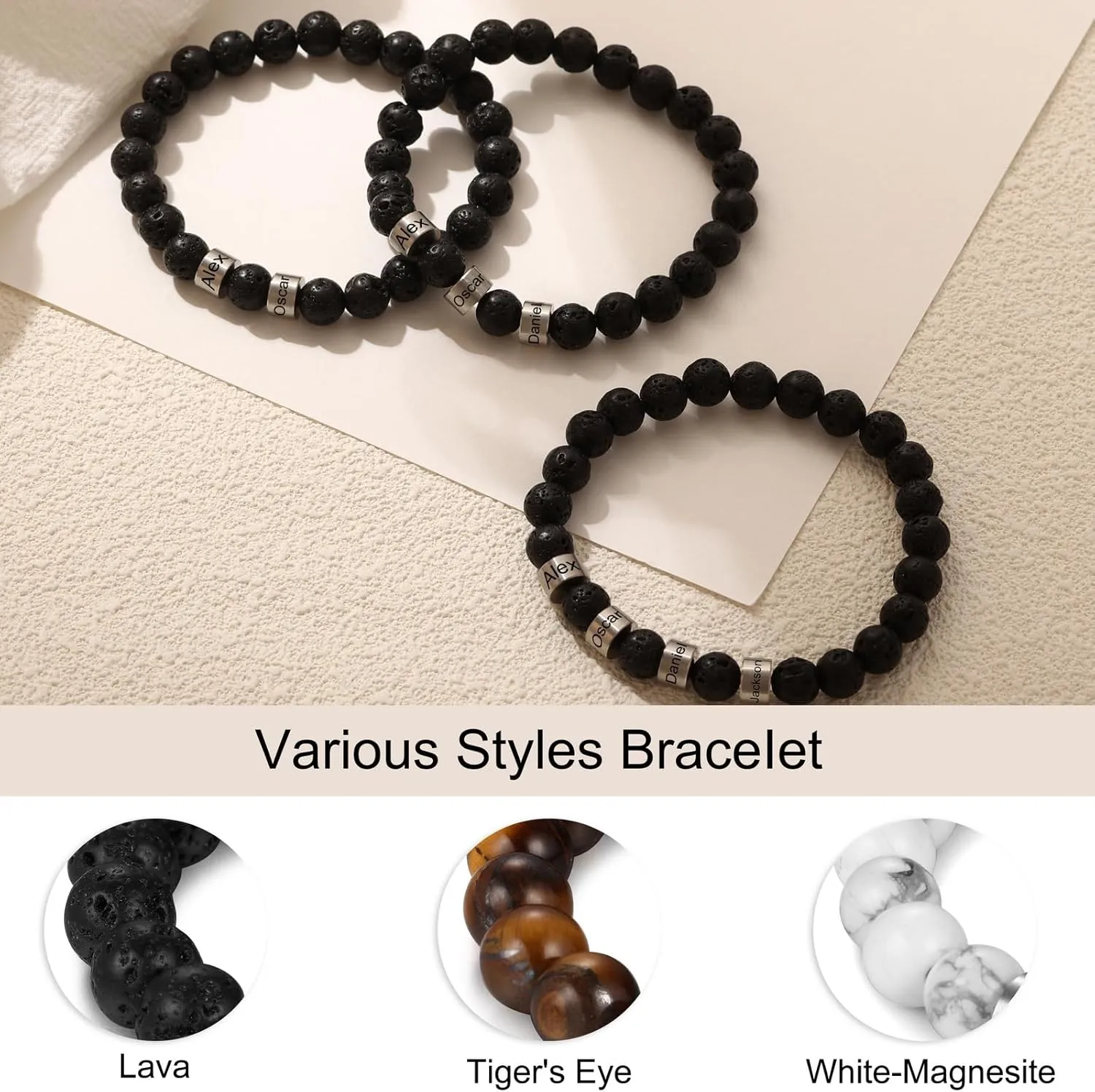 INBLUE Personalized Engrave Name Beads Bracelets for Men Custom 2-4 Names Beads for Boyfriend Dad Family Tiger Eye Stone Lava Stone Bracelet Jewelry Gifts for Birthday Father's Day Christmas