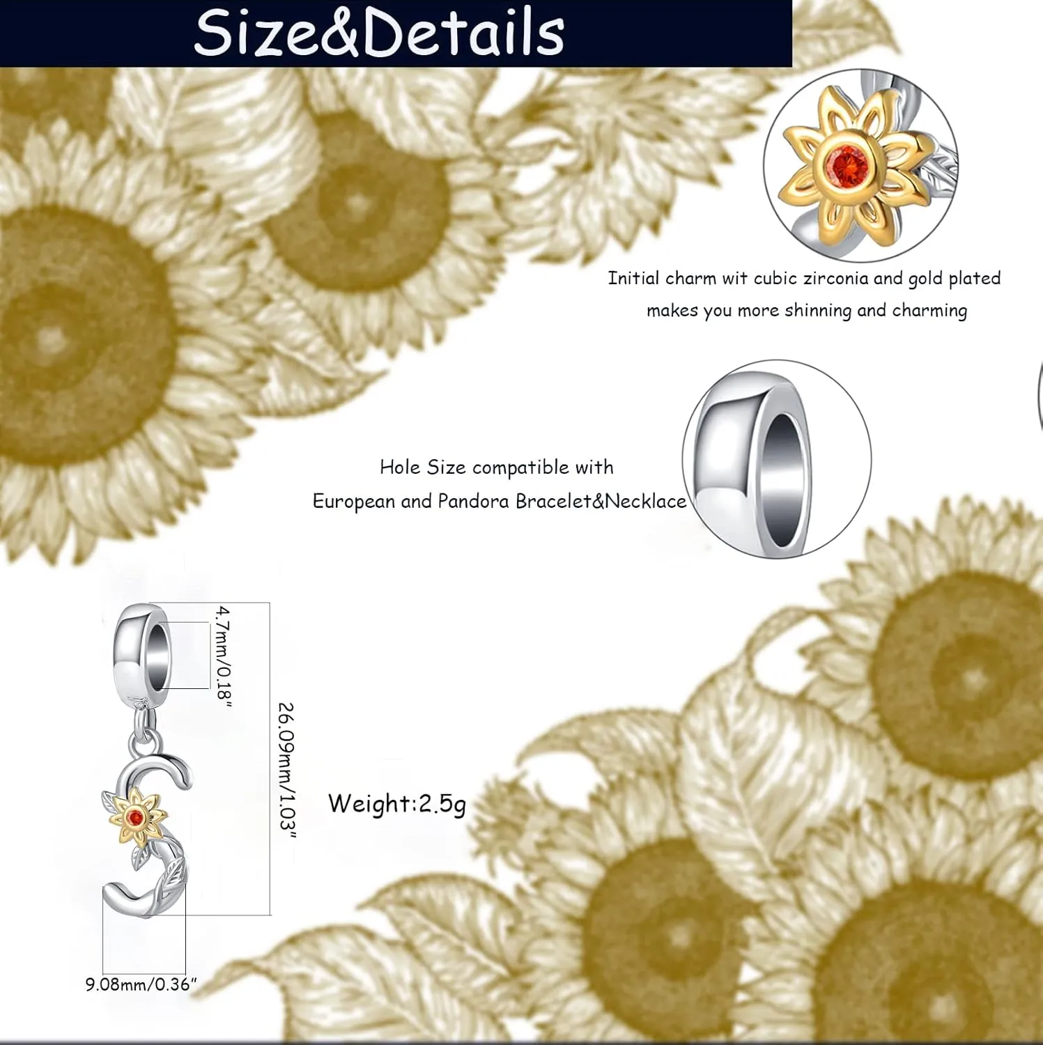 Initial A to Z Sunflower Charm You are My Sunshine Letter Pendant Bead for Pandora Bracelet Necklace