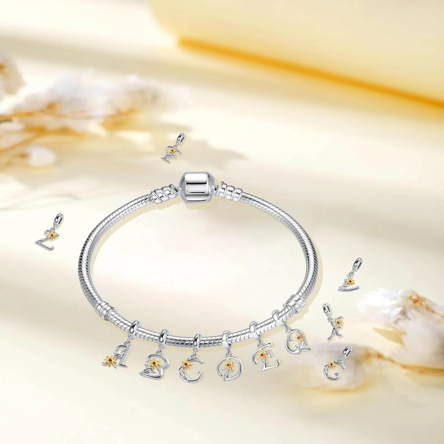 Initial A to Z Sunflower Charm You are My Sunshine Letter Pendant Bead for Pandora Bracelet Necklace
