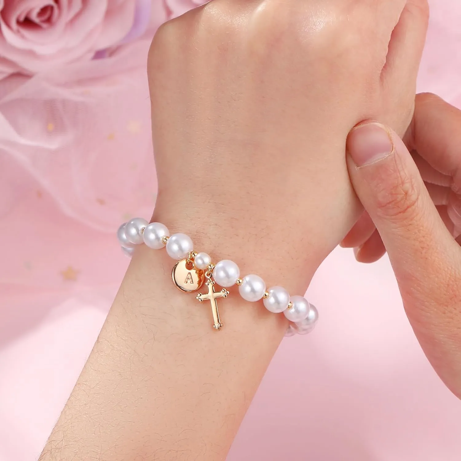 Initial First Holy Communion Confirmation Baptism Bracelets Gifts for Women Girls, Catholic First 1st Communion 14K Gold Pearl Cross Charm Bracelet Personalized A-Z for Goddaughter Niece
