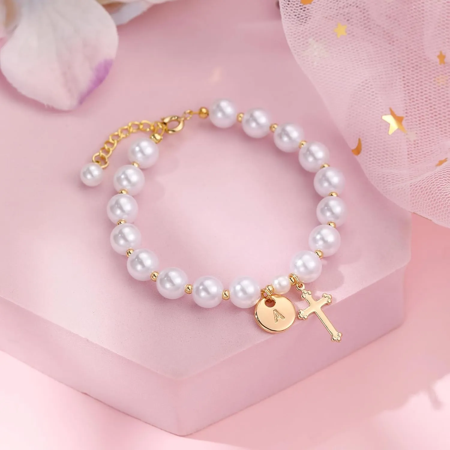Initial First Holy Communion Confirmation Baptism Bracelets Gifts for Women Girls, Catholic First 1st Communion 14K Gold Pearl Cross Charm Bracelet Personalized A-Z for Goddaughter Niece