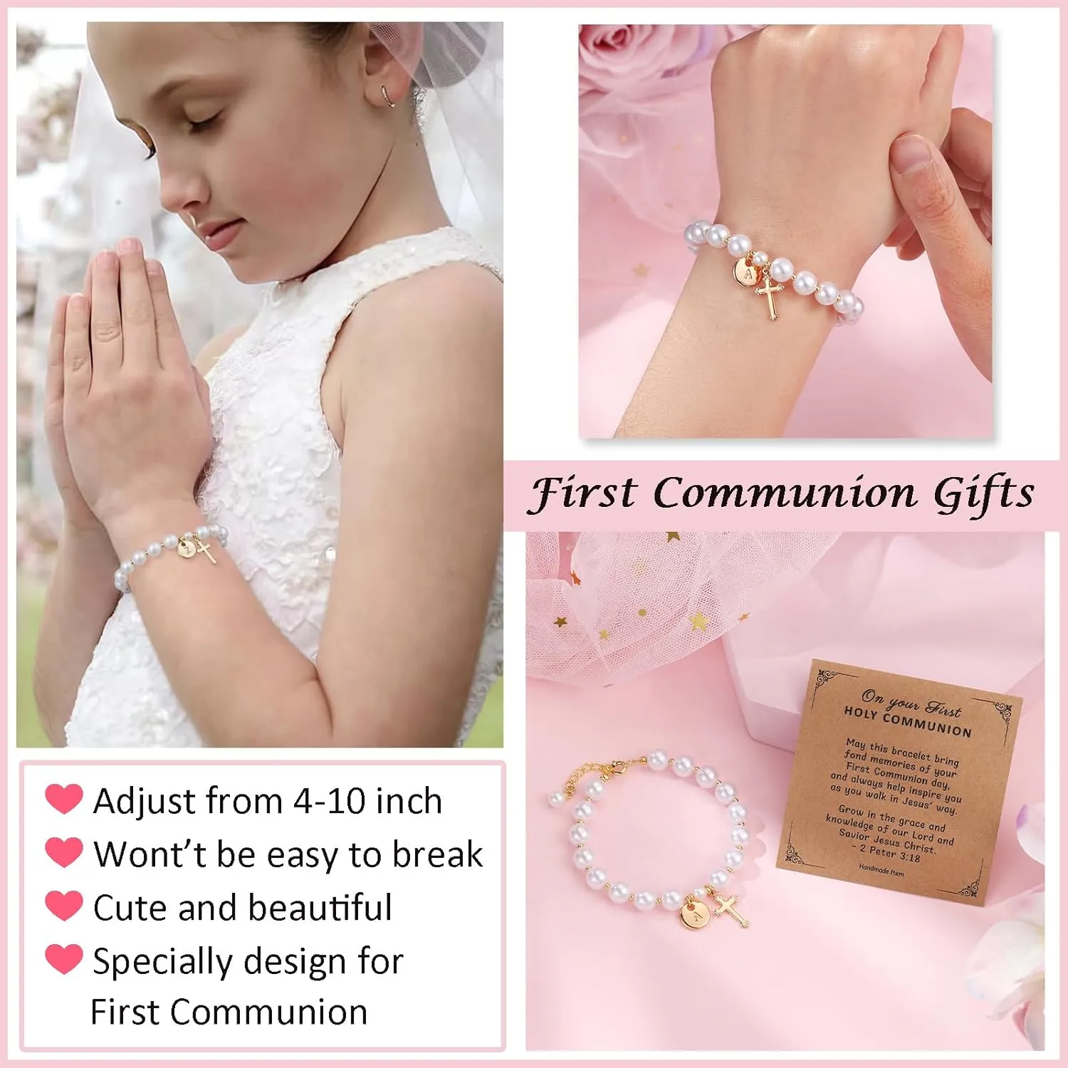 Initial First Holy Communion Confirmation Baptism Bracelets Gifts for Women Girls, Catholic First 1st Communion 14K Gold Pearl Cross Charm Bracelet Personalized A-Z for Goddaughter Niece