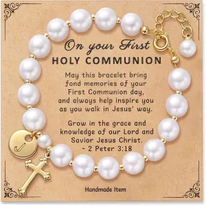 Initial First Holy Communion Confirmation Baptism Bracelets Gifts for Women Girls, Catholic First 1st Communion 14K Gold Pearl Cross Charm Bracelet Personalized A-Z for Goddaughter Niece