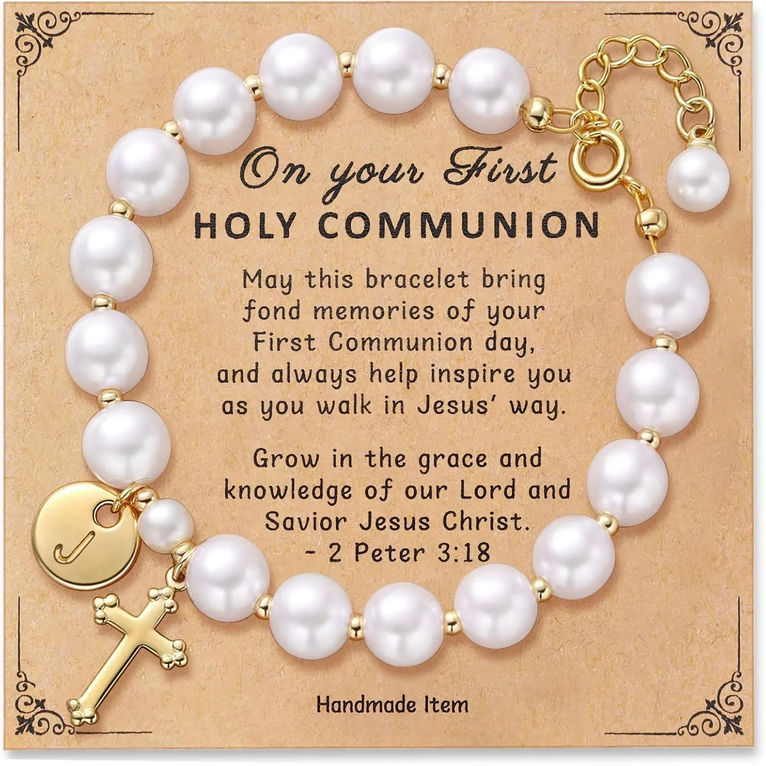 Initial First Holy Communion Confirmation Baptism Bracelets Gifts for Women Girls, Catholic First 1st Communion 14K Gold Pearl Cross Charm Bracelet Personalized A-Z for Goddaughter Niece