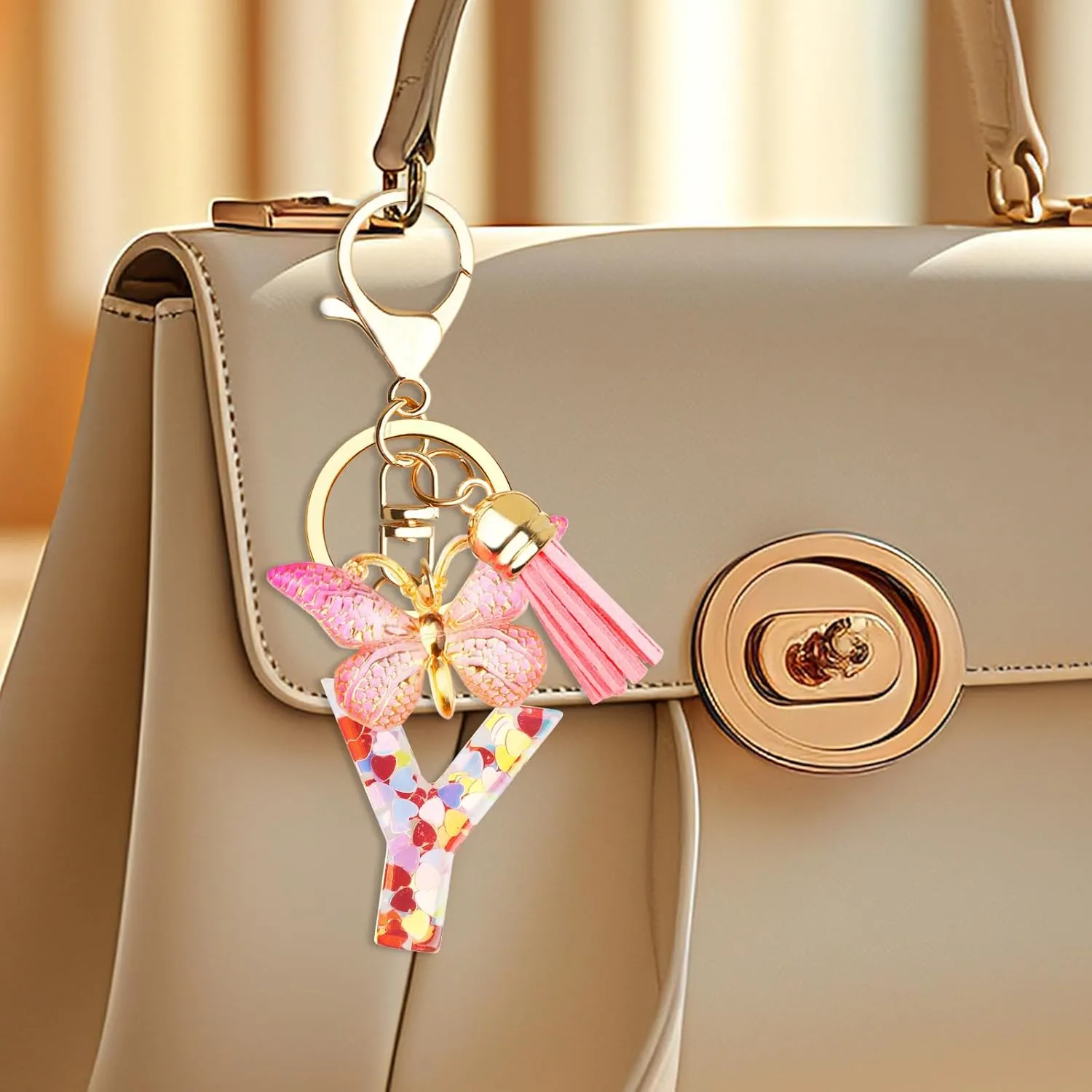 Initial Keychains for Girls, Letter Keychains for Women Handbag Pendant Alphabet Key Ring with Tassel Butterfly