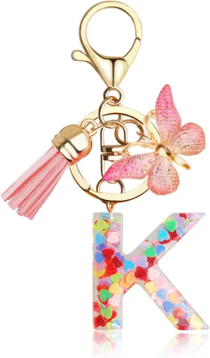 Initial Keychains for Girls, Letter Keychains for Women Handbag Pendant Alphabet Key Ring with Tassel Butterfly