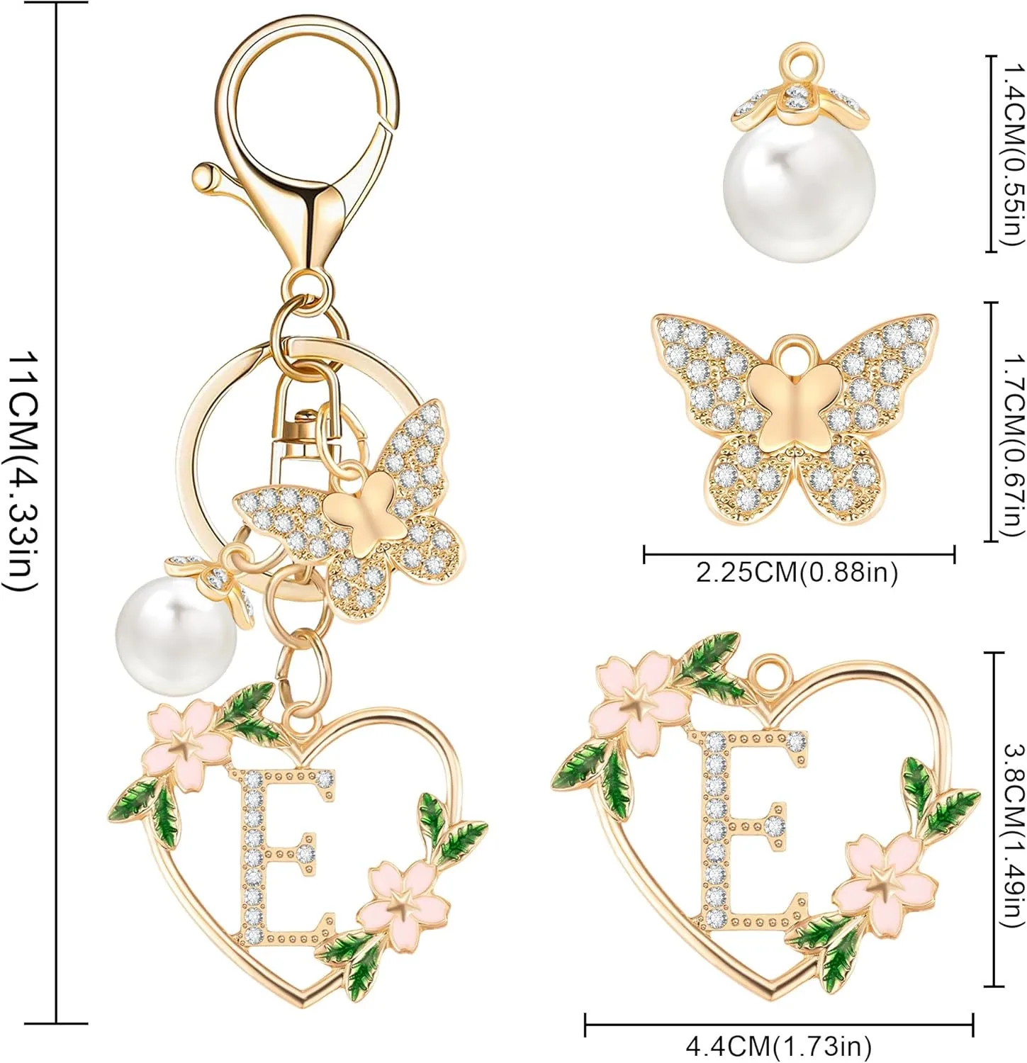 Initial Letter Keychain for Women with Butterfly Pendant Cubic Zirconia Heart Keyring for Wallet Backpack Charm