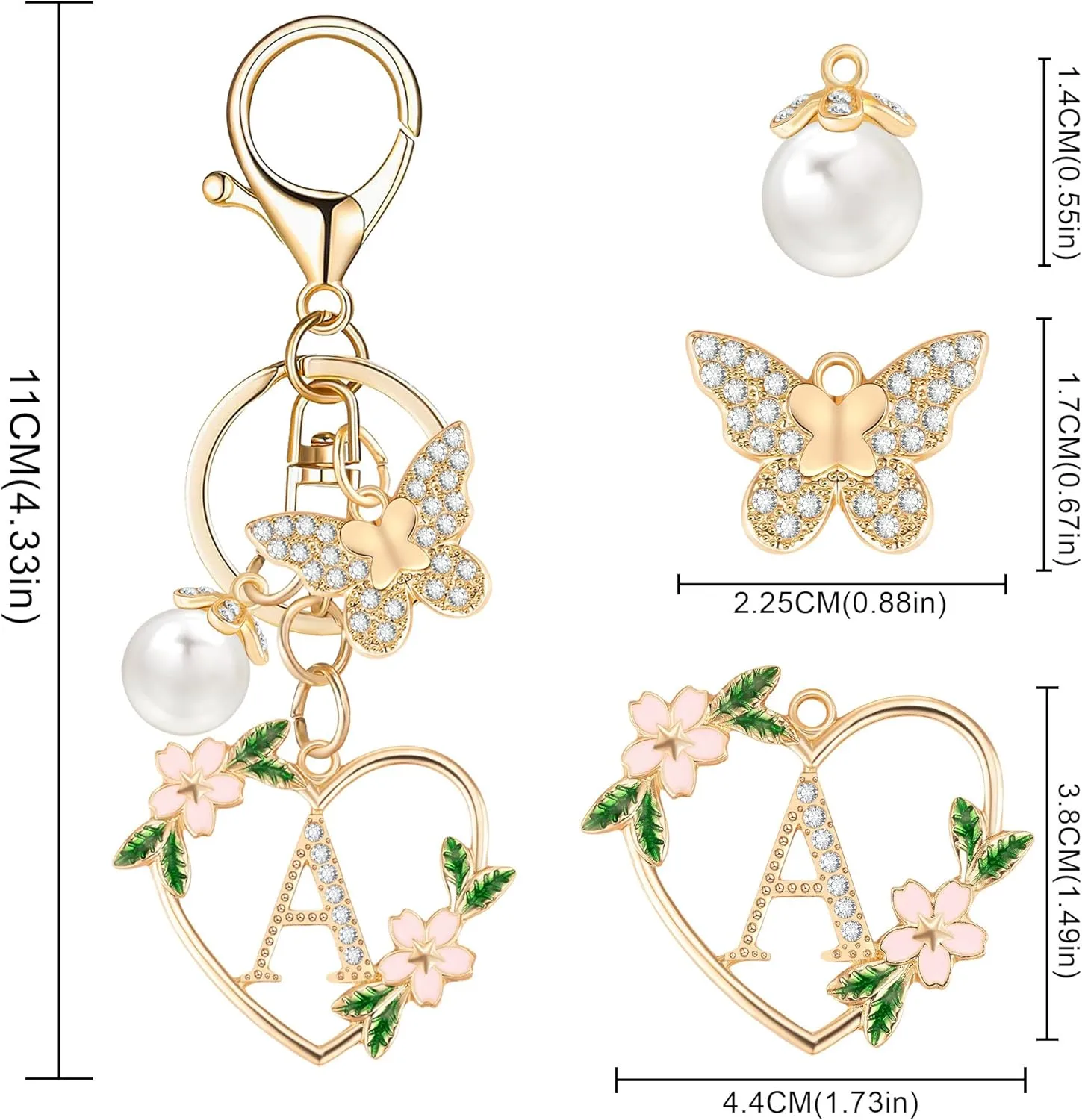 Initial Letter Keychain for Women with Butterfly Pendant Cubic Zirconia Heart Keyring for Wallet Backpack Charm