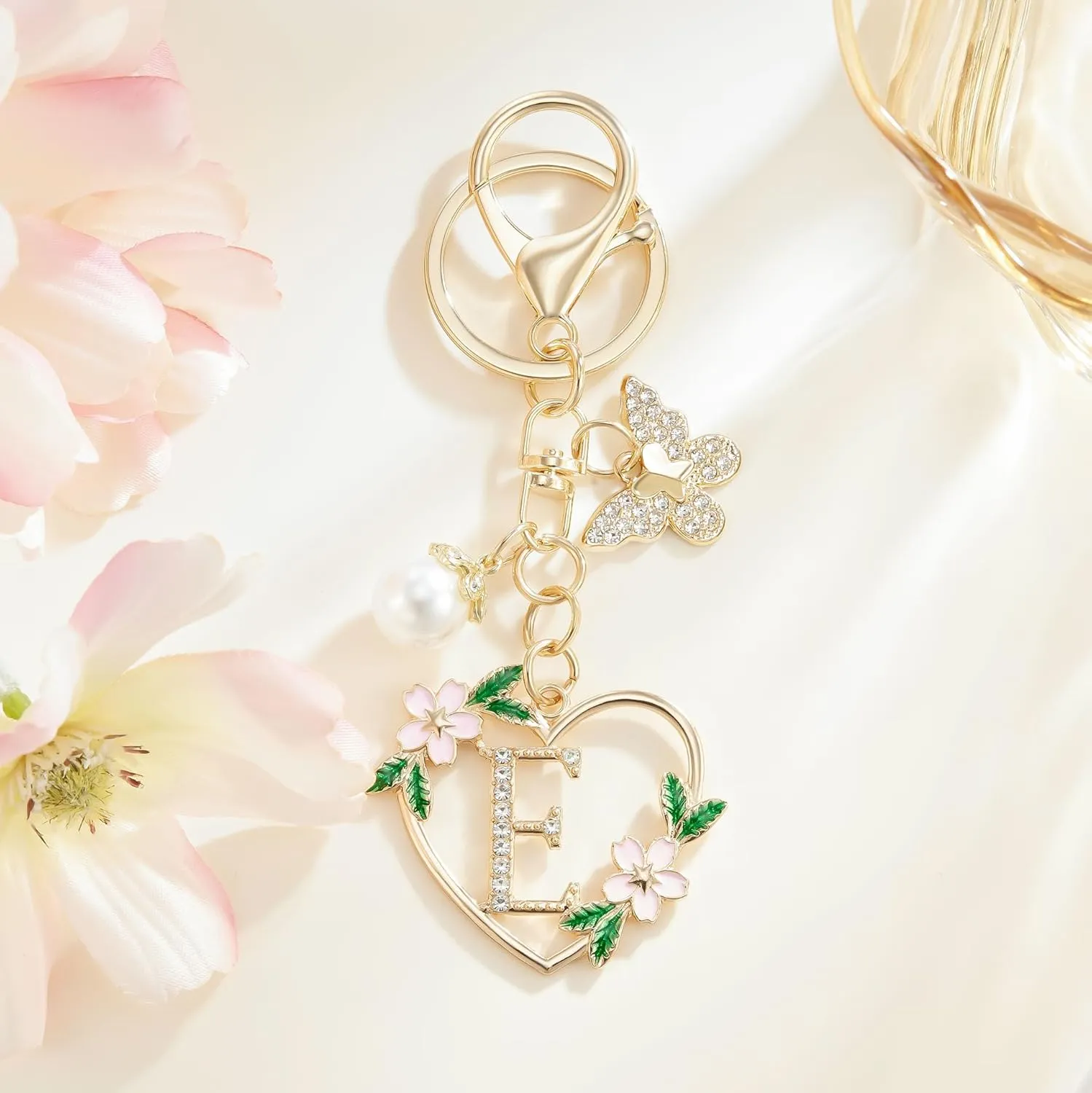 Initial Letter Keychain for Women with Butterfly Pendant Cubic Zirconia Heart Keyring for Wallet Backpack Charm