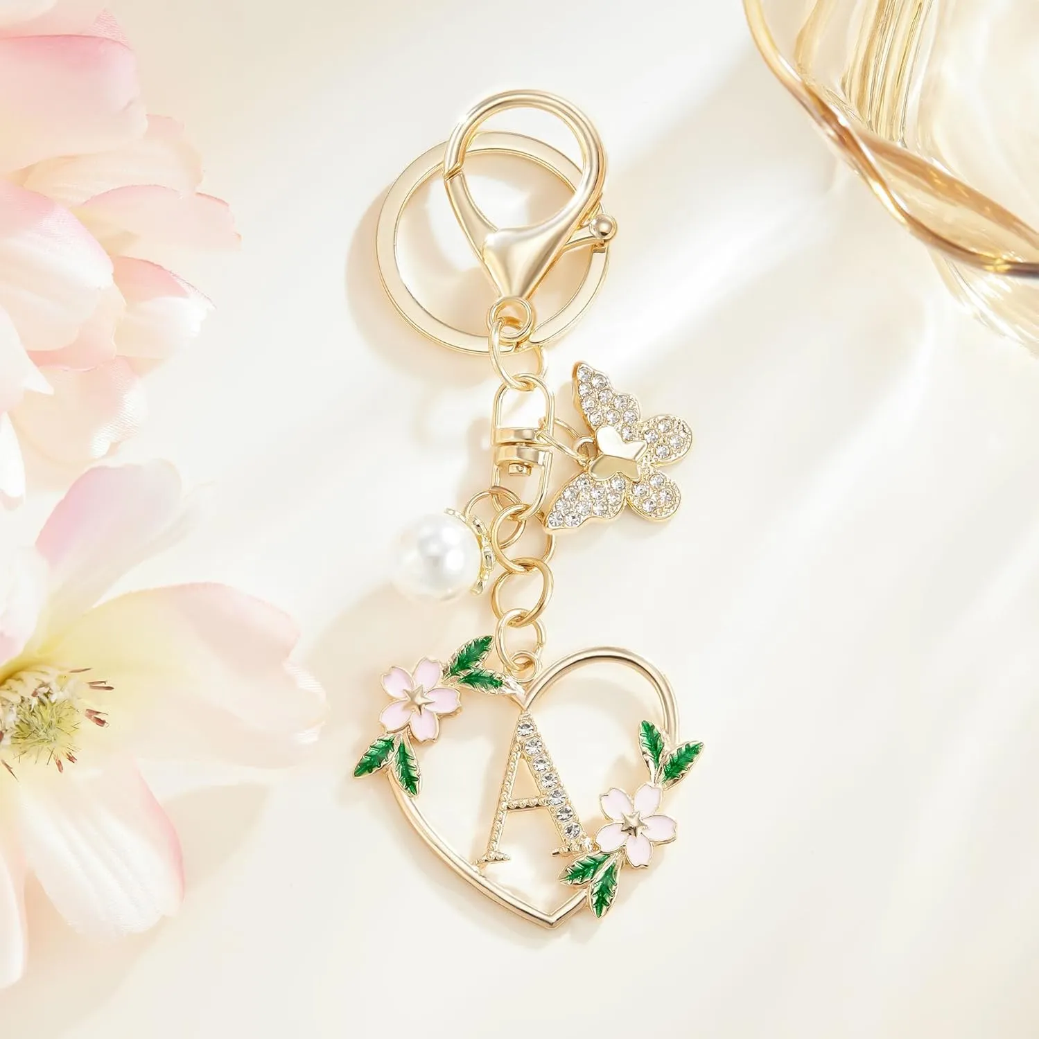 Initial Letter Keychain for Women with Butterfly Pendant Cubic Zirconia Heart Keyring for Wallet Backpack Charm