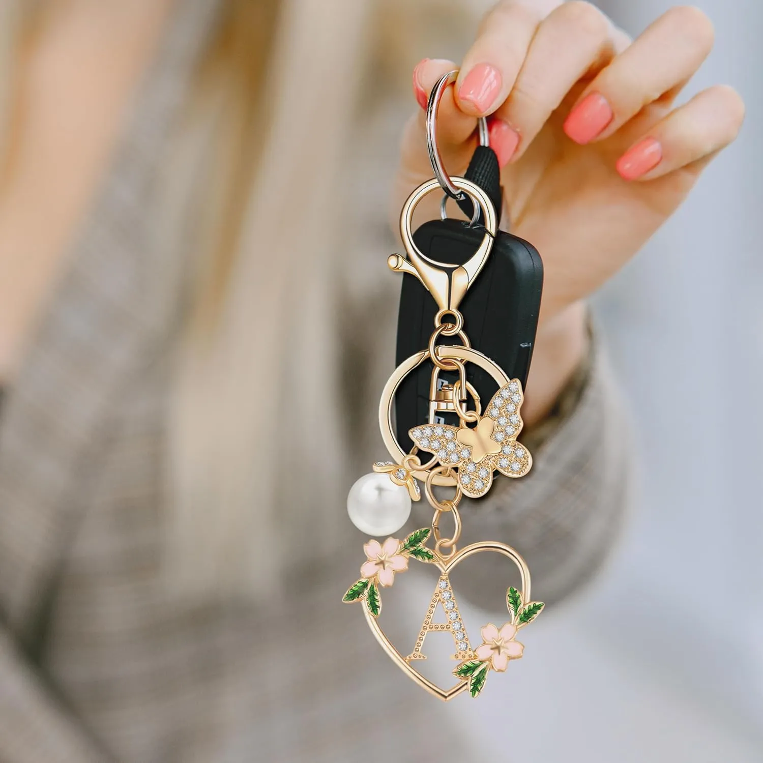 Initial Letter Keychain for Women with Butterfly Pendant Cubic Zirconia Heart Keyring for Wallet Backpack Charm