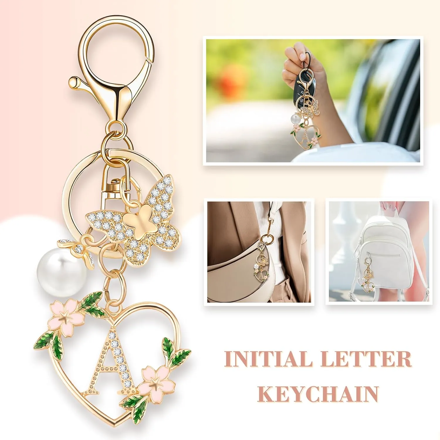 Initial Letter Keychain for Women with Butterfly Pendant Cubic Zirconia Heart Keyring for Wallet Backpack Charm