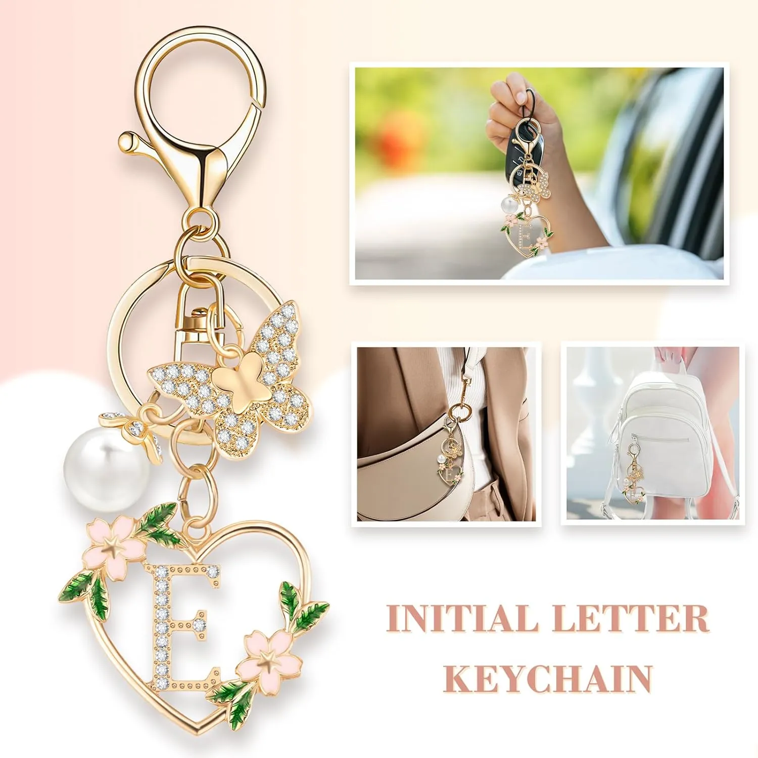 Initial Letter Keychain for Women with Butterfly Pendant Cubic Zirconia Heart Keyring for Wallet Backpack Charm