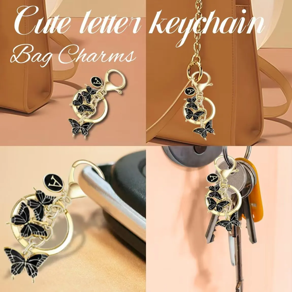 Initial letter Keychain for Women,Pink Butterfly bag Charms Cute Letter Keychain for Handbag Purse