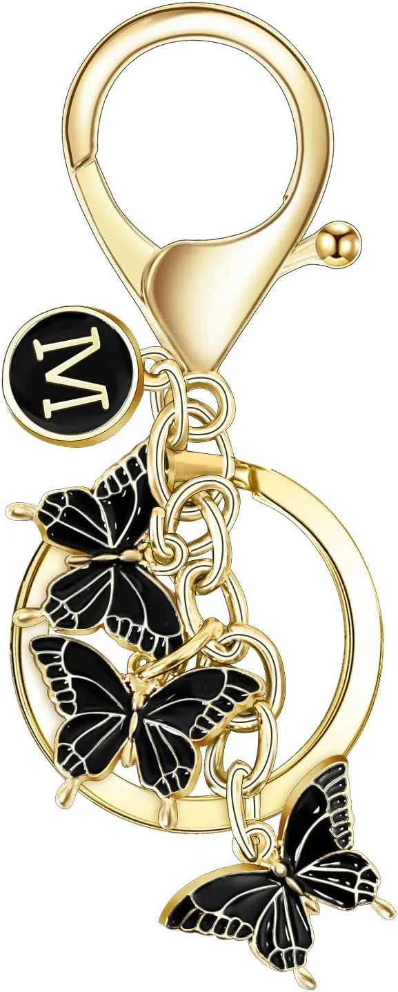 Initial letter Keychain for Women,Pink Butterfly bag Charms Cute Letter Keychain for Handbag Purse