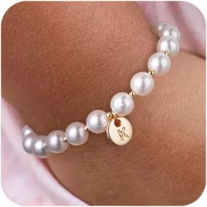 Initial Pearl Bracelet Flower Girl Bracelet Proposal Gifts for Girls, Dainty Gold Pearl Bracelets with Letter A-Z Personalized Name Jewelry Birthday Christmas Wedding Party Gift for Her