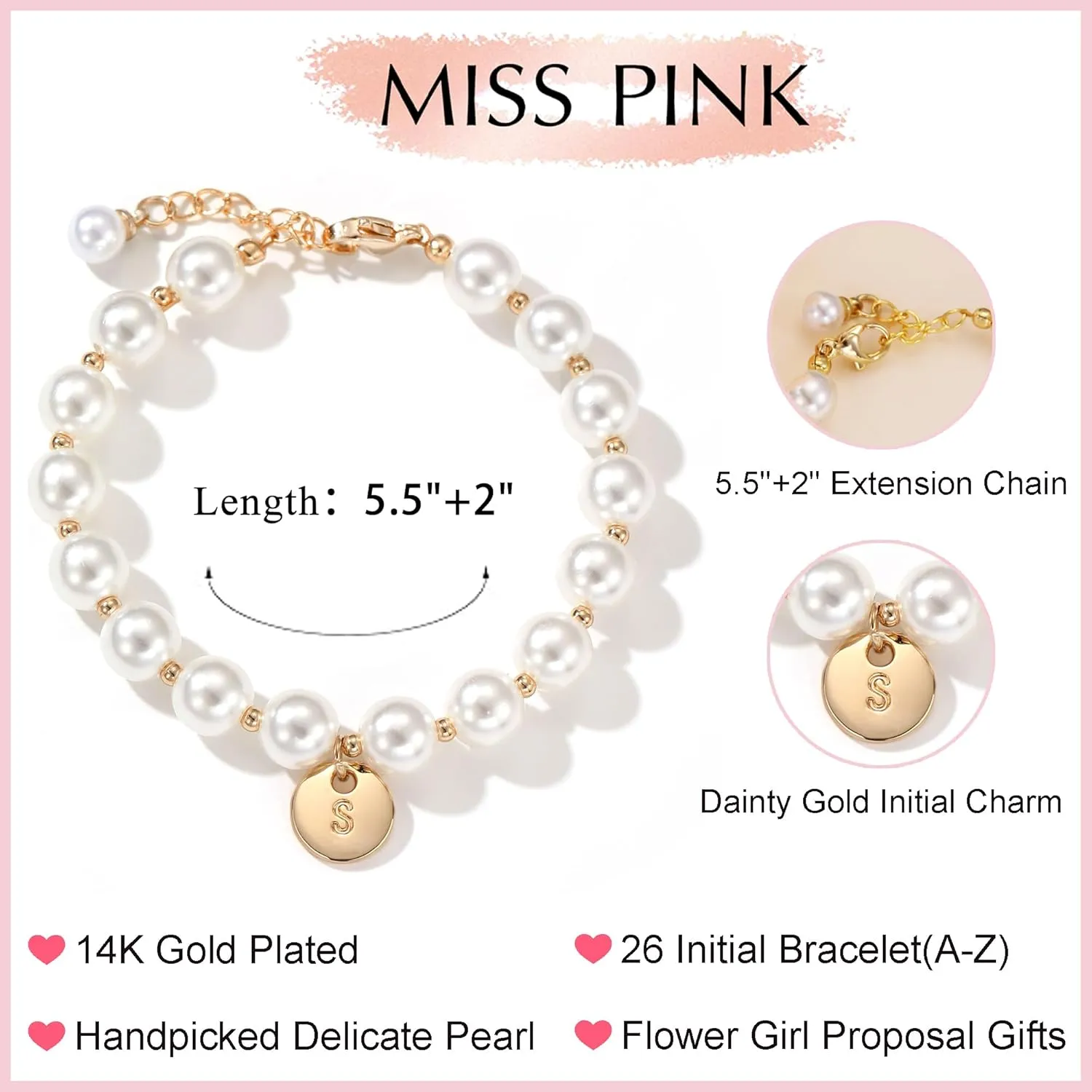 Initial Pearl Bracelet Flower Girl Bracelet Proposal Gifts for Girls, Dainty Gold Pearl Bracelets with Letter A-Z Personalized Name Jewelry Birthday Christmas Wedding Party Gift for Her