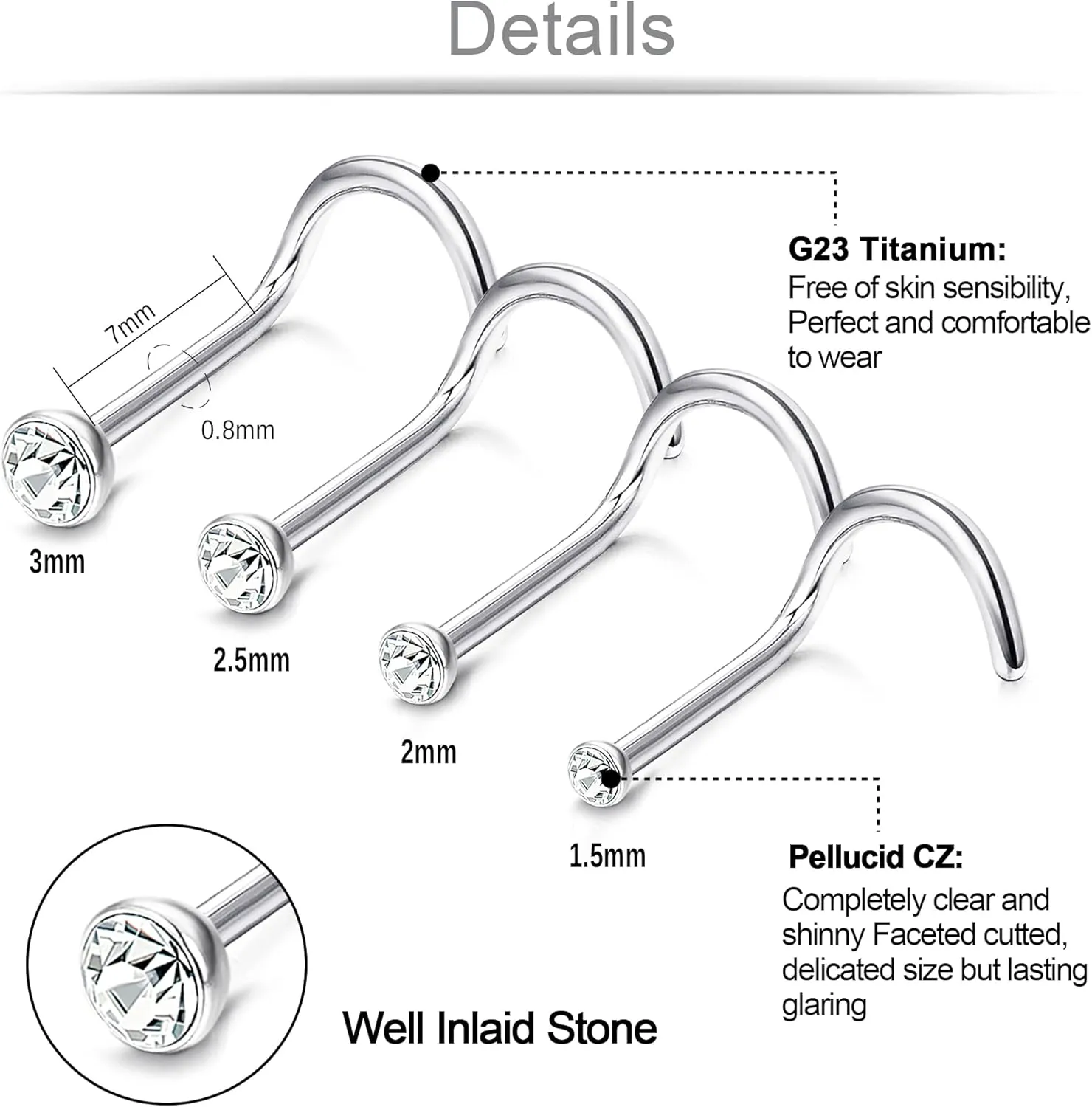 IRONBOX 20G Titanium Nose Ring Studs for Women Men Square Round CZ Nose Stud L Shape Screw Nose Rings Nostril Piercing Jewelry